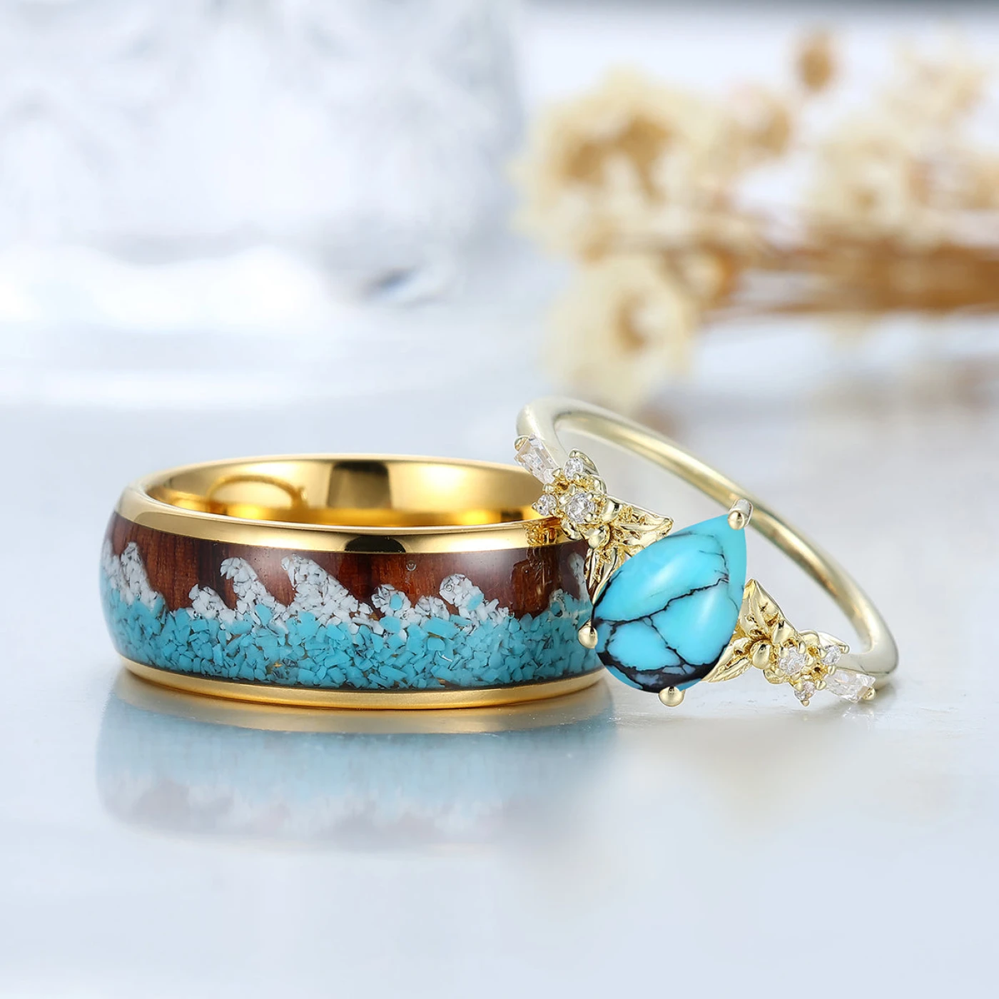 Nature Inspired Turquoise Leaf Couple Rings Blue Ocean Style His