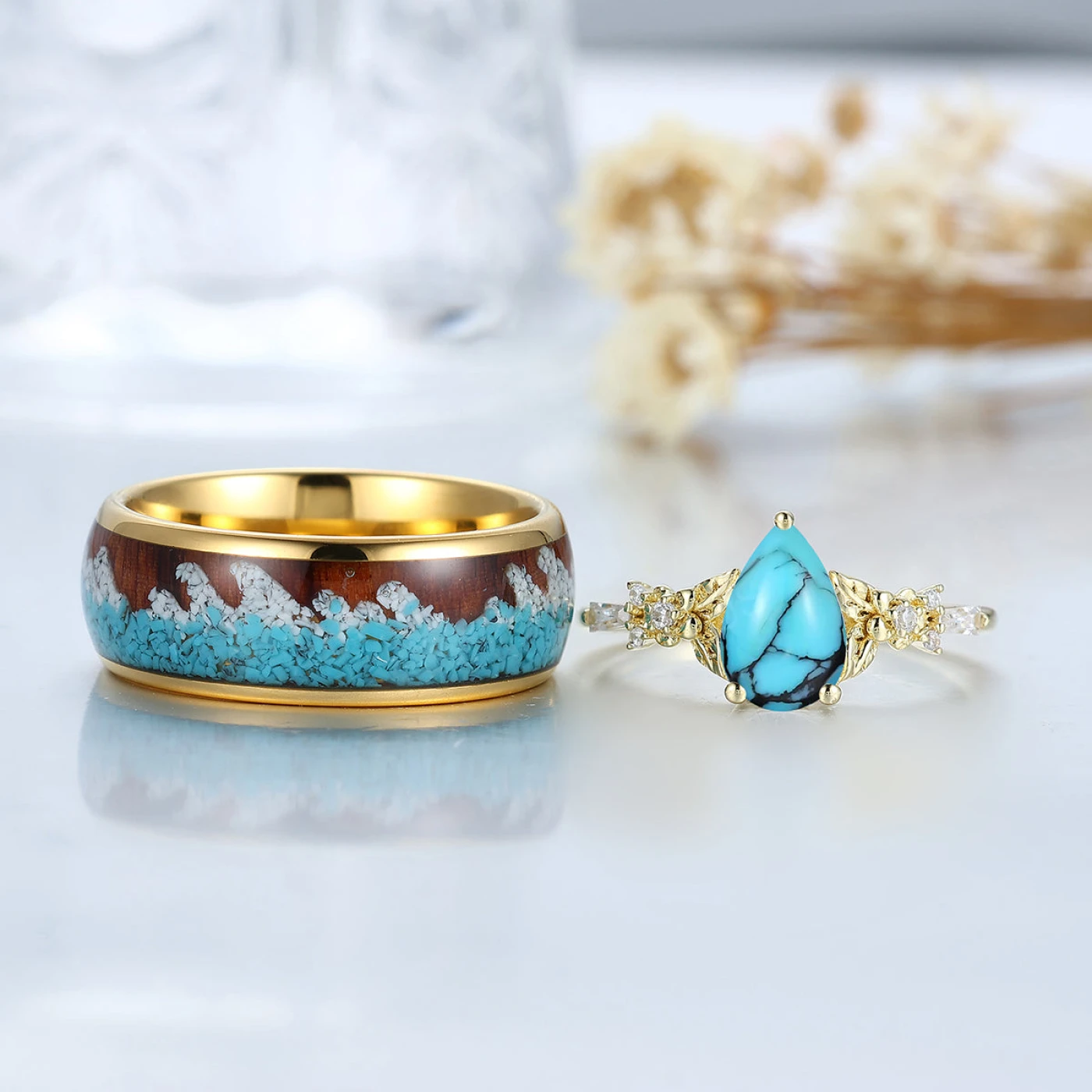 Nature Inspired Turquoise Leaf Couple Rings Blue Ocean Style His And Hers Matching Ring - view 2