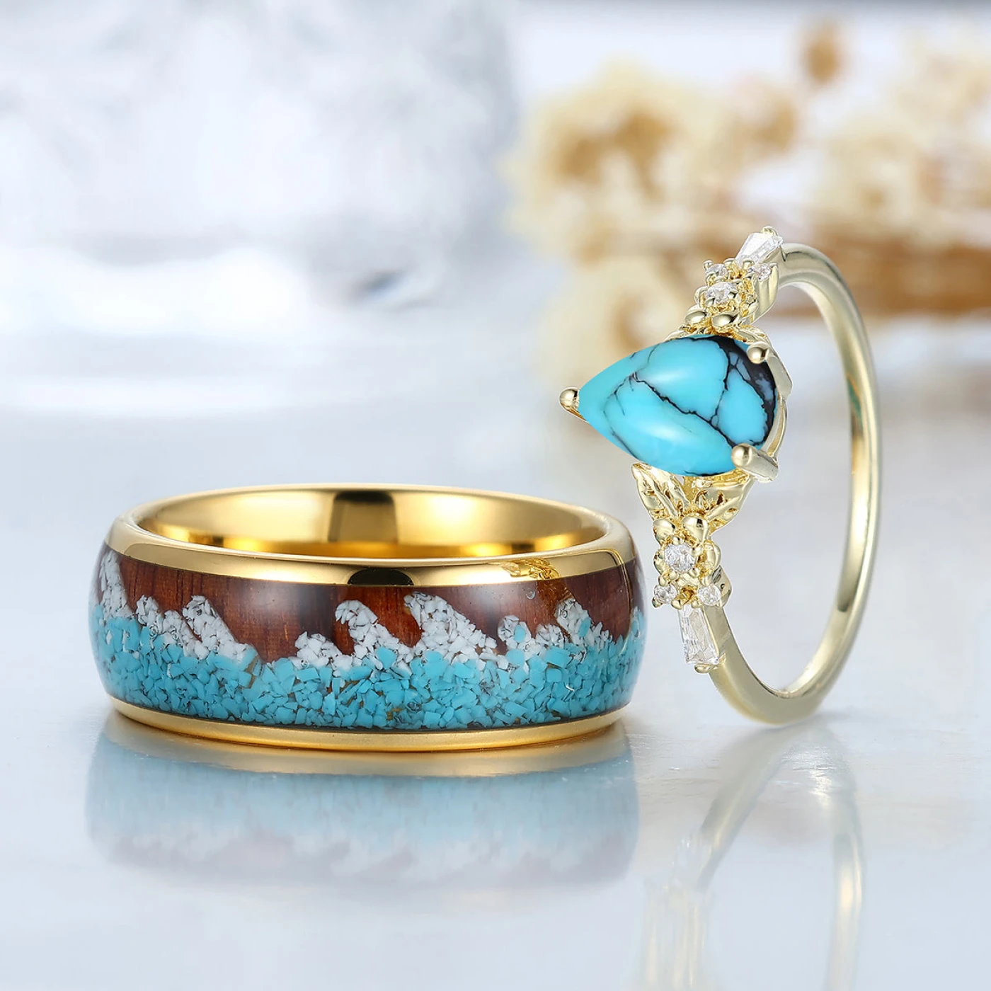 Nature Inspired Turquoise Leaf Couple Rings Blue Ocean Style His And Hers Matching Ring - view 3
