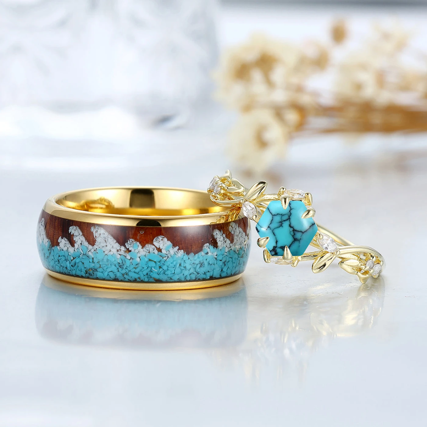Turquoise Leaf Inspired Couple Rings Blue And Yellow Gold Plated