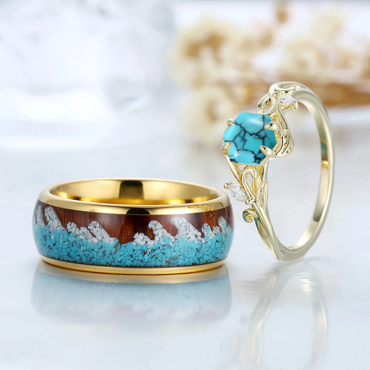 Branch Style Turquoise Couple Rings Ocean Ring Blue Turquoise Ring For Men And Women - view 3