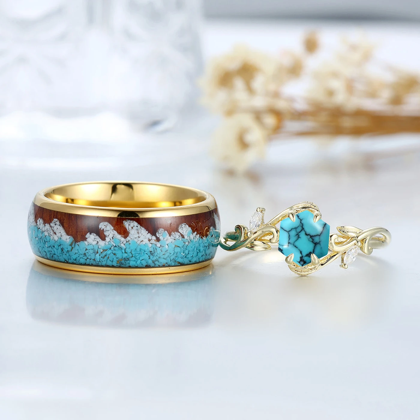 Branch Style Turquoise Couple Rings Ocean Ring Blue Turquoise