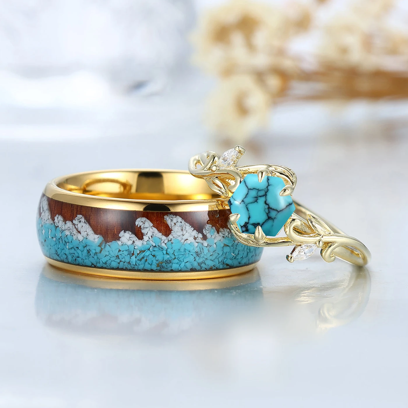 Branch Style Turquoise Couple Rings Ocean Ring Blue Turquoise Ring For Men And Women - view 2