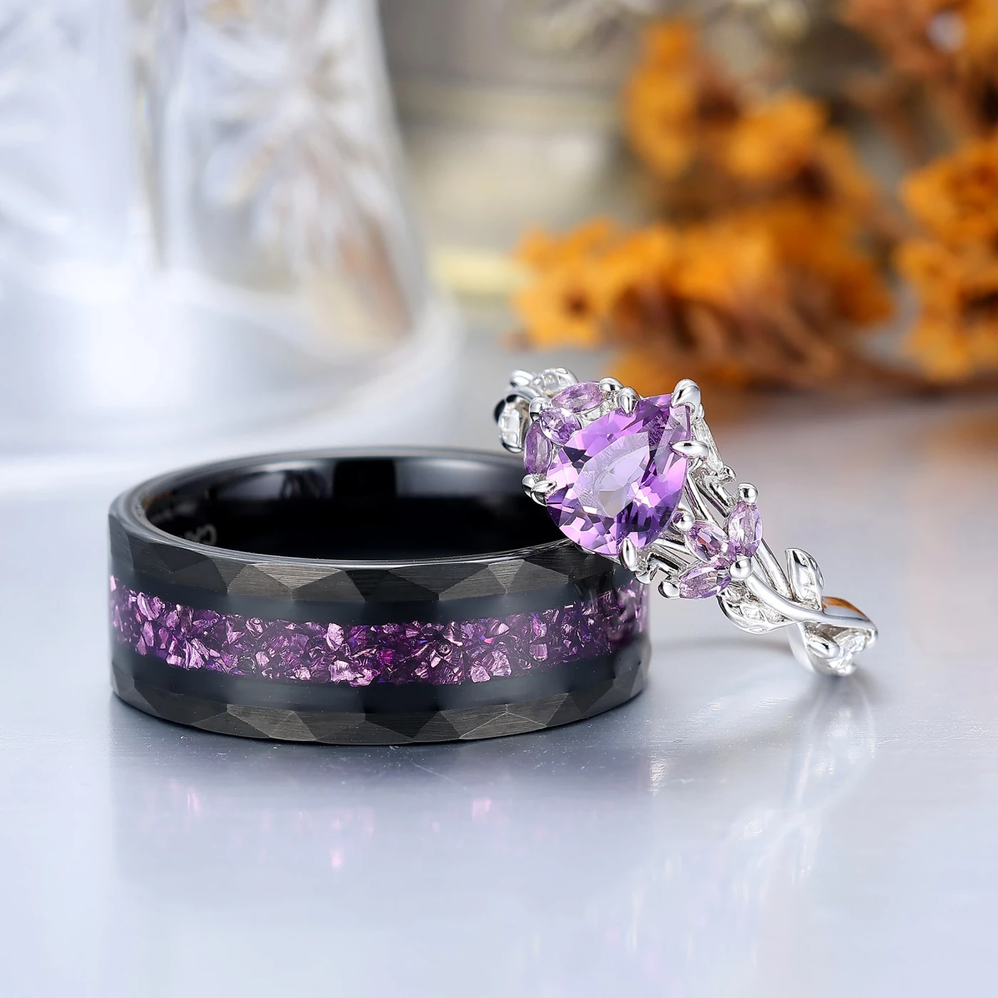 Leaf Inspired Natural Purple Amethyst Couple Ring 2pcs Wedding