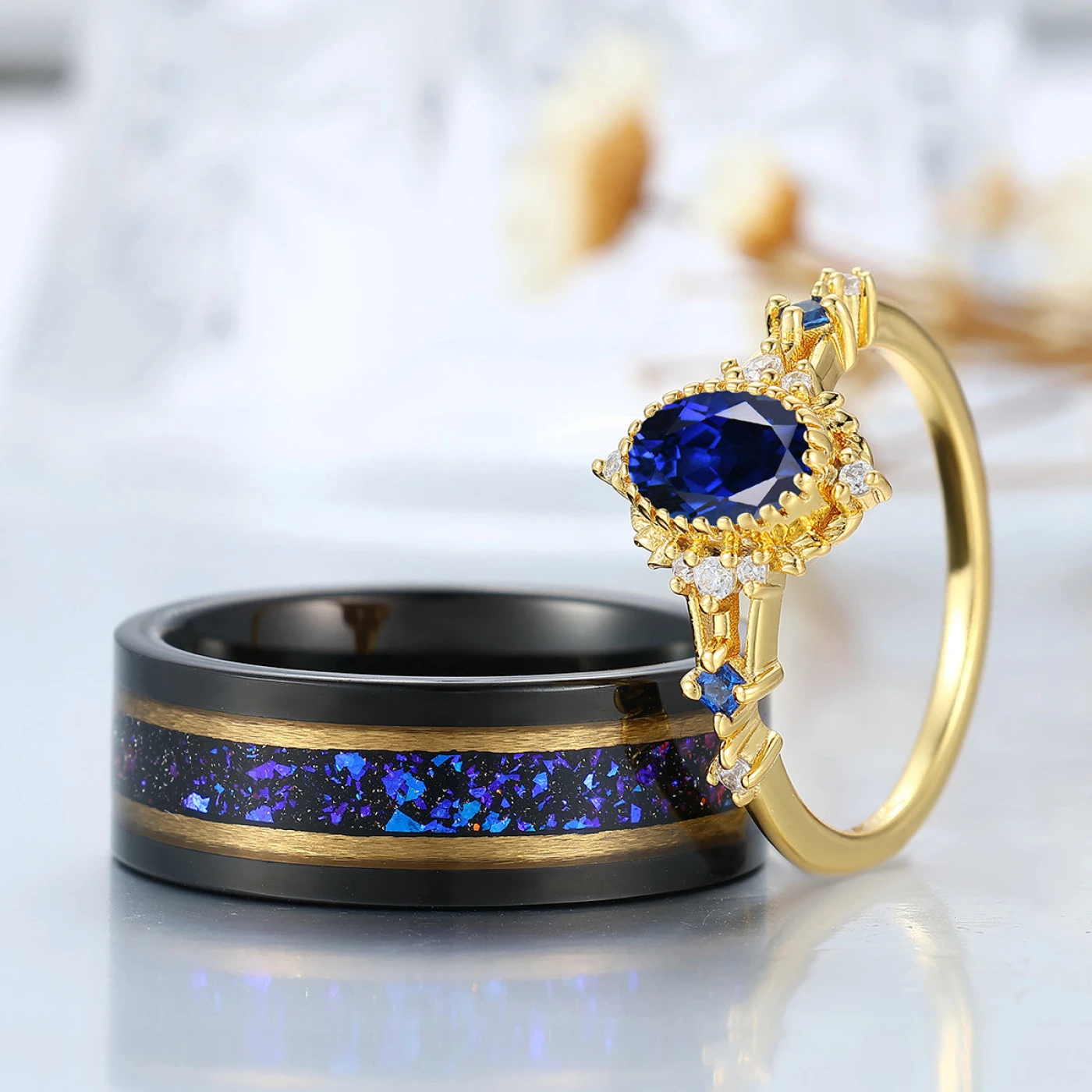Vintage Inspired Milgrained Sapphire His And Hers Rings Blue And Yellow Gold Plated Couple Rings - view 3