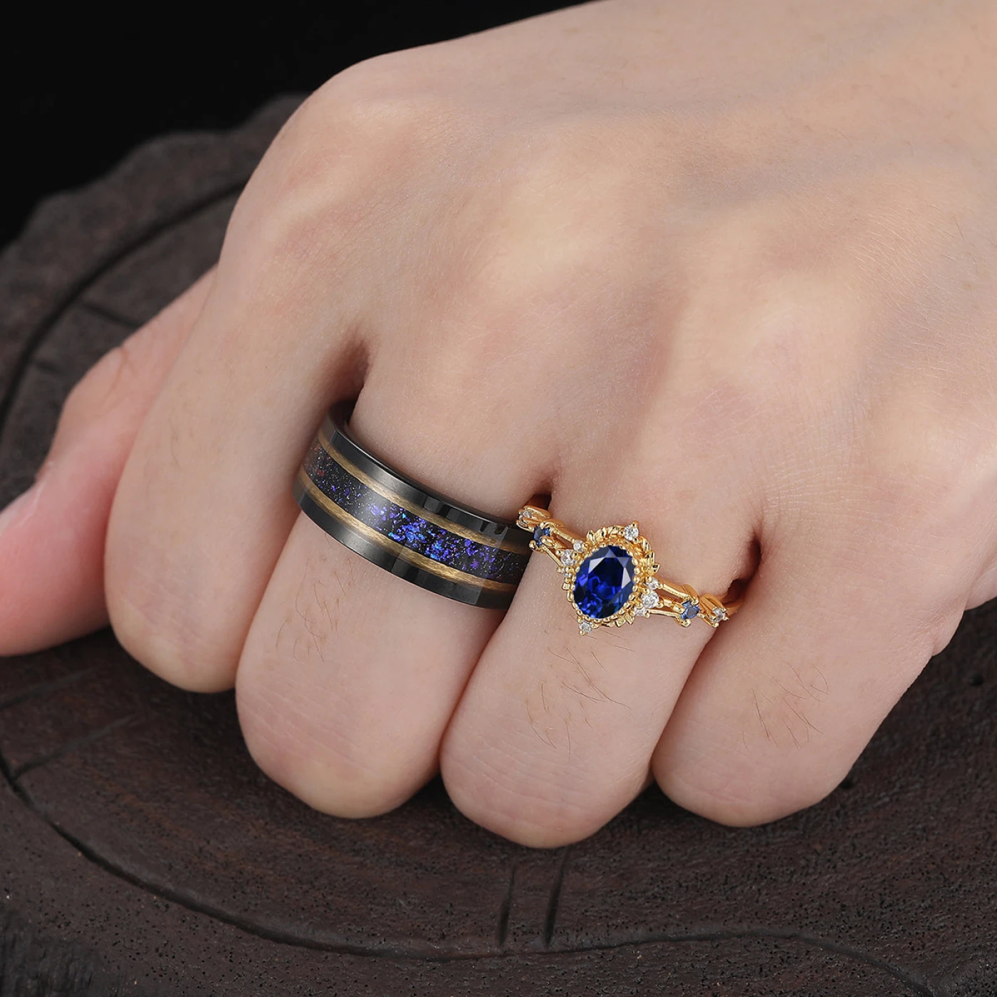 Vintage Inspired Milgrained Sapphire His And Hers Rings Blue And Yellow Gold Plated Couple Rings - view 5