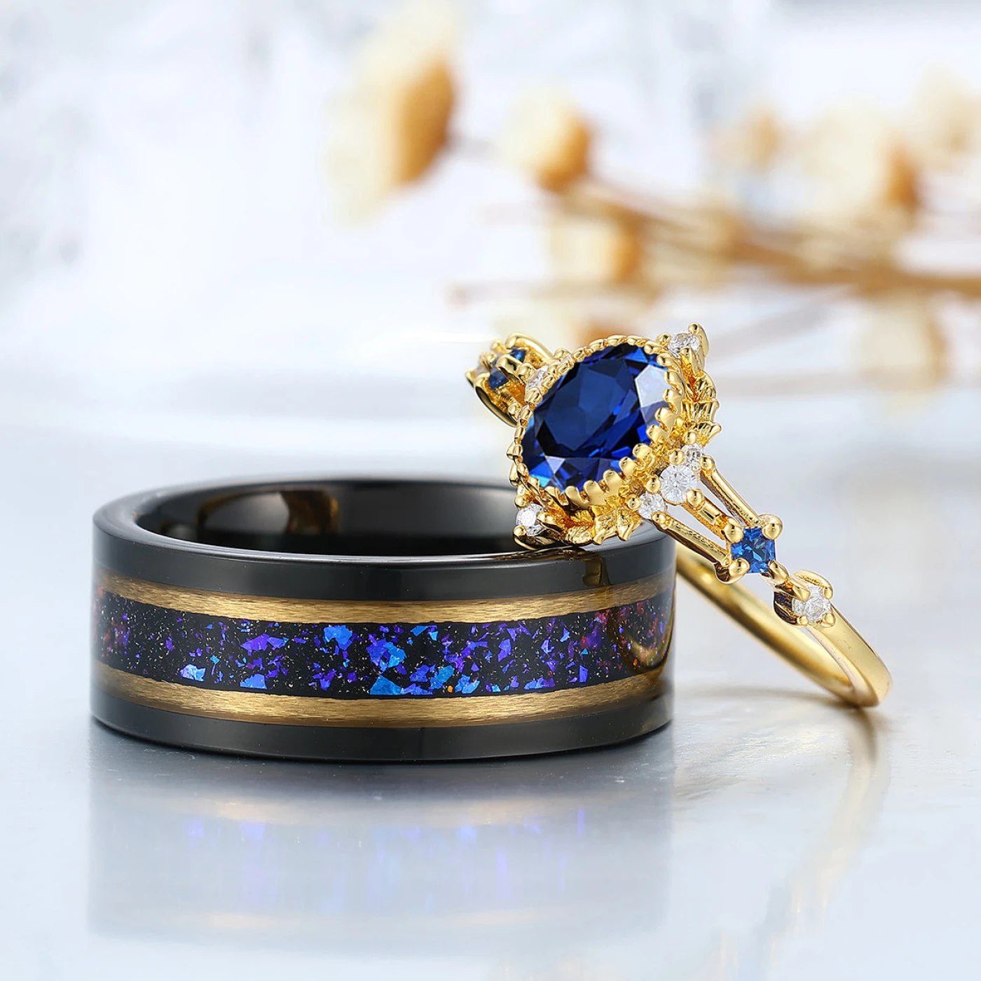 Vintage Inspired Milgrained Sapphire His And Hers Rings Blue And Yellow Gold Plated Couple Rings - view 2