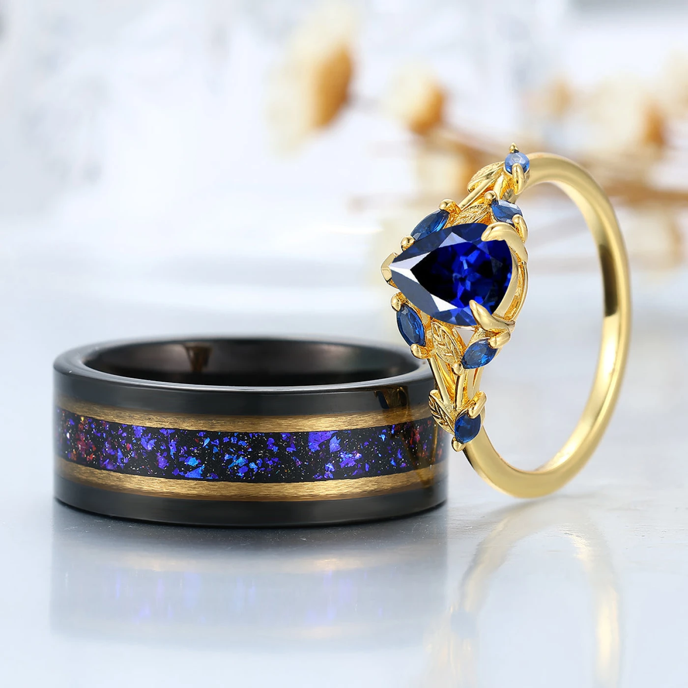Stylish Leaf Sprig Sapphire Couple Rings Art Deco Matching Rings Set For Couples - view 8