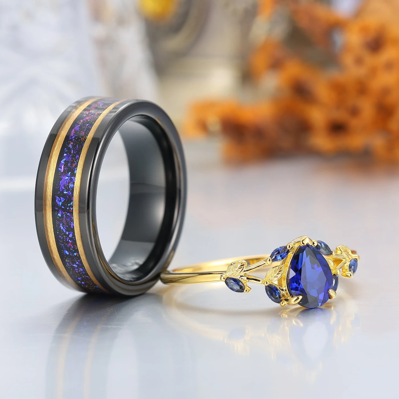Stylish Leaf Sprig Sapphire Couple Rings Art Deco Matching Rings Set For Couples - view 2