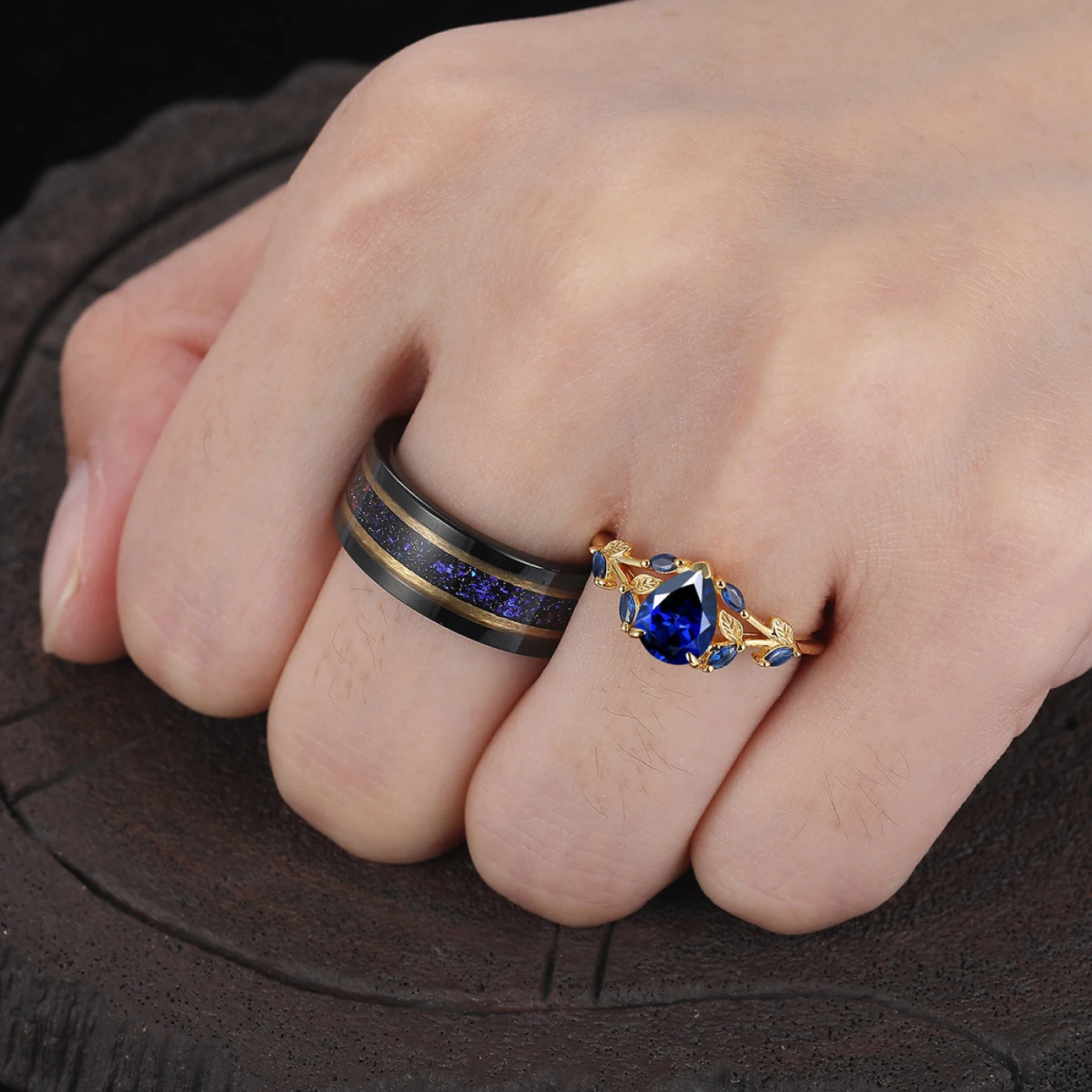 Stylish Leaf Sprig Sapphire Couple Rings Art Deco Matching Rings Set For Couples - view 10