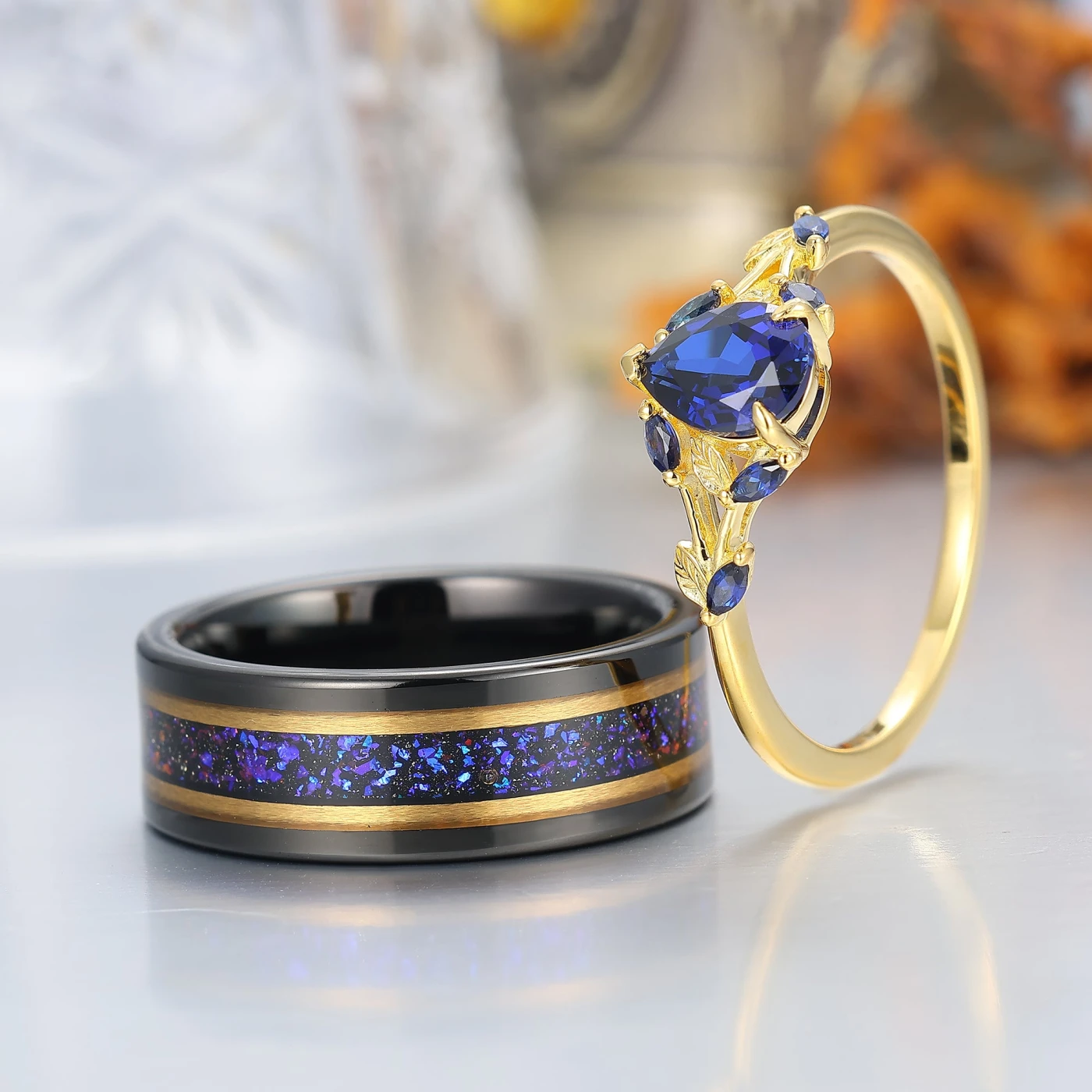 Stylish Leaf Sprig Sapphire Couple Rings Art Deco Matching Rings Set For Couples - view 4