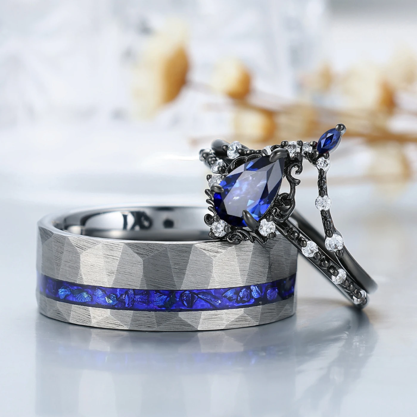 Baroque-inspired Sapphire Filigreed Couple Ring Set 3pcs Blue