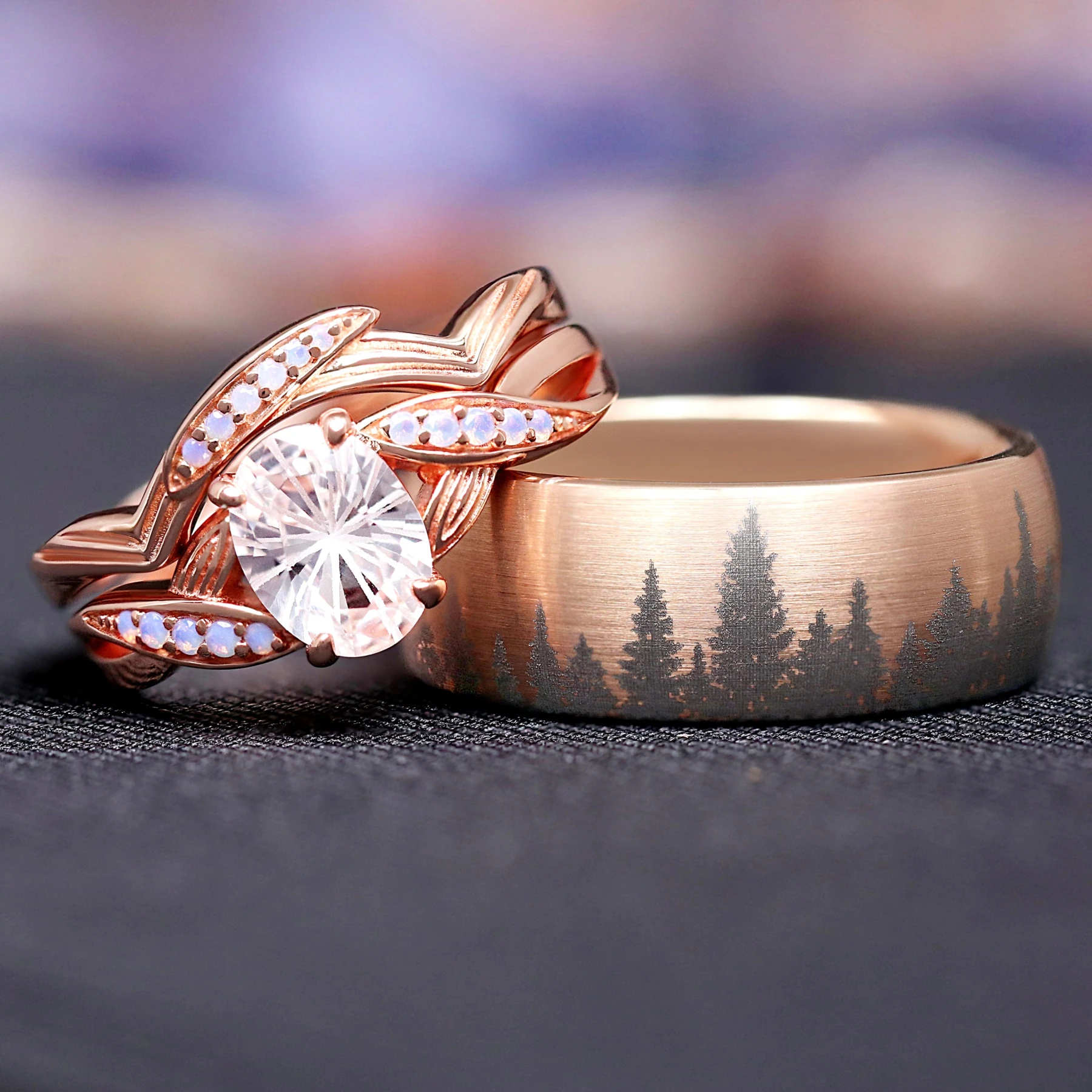 White Lotus Couples Ring Set, His and Her Rings, Matching Rose Gold Band Set