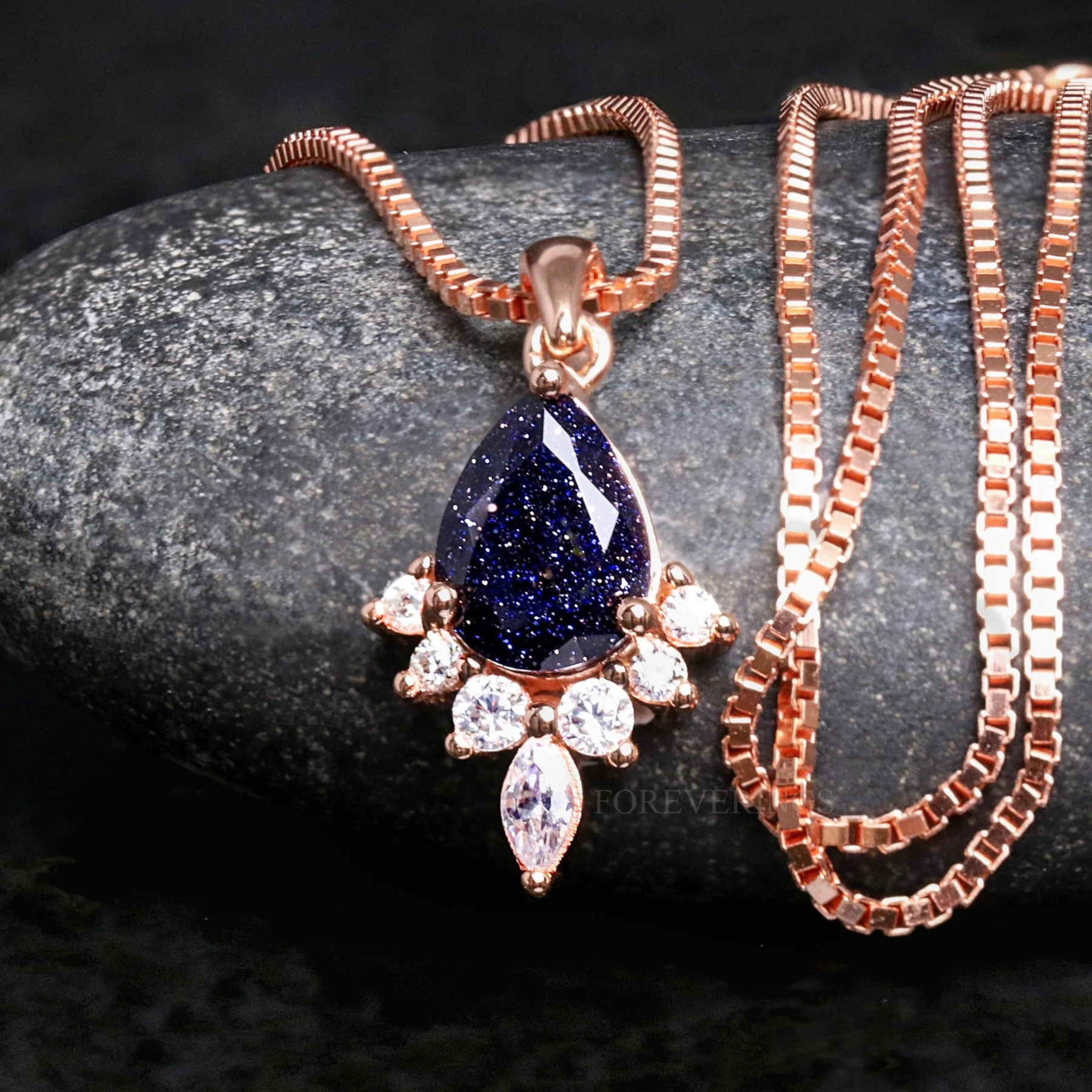 Starry Night Rose Gold Pendant Necklace, Pear Cut Sandstone, Outer Space Necklace