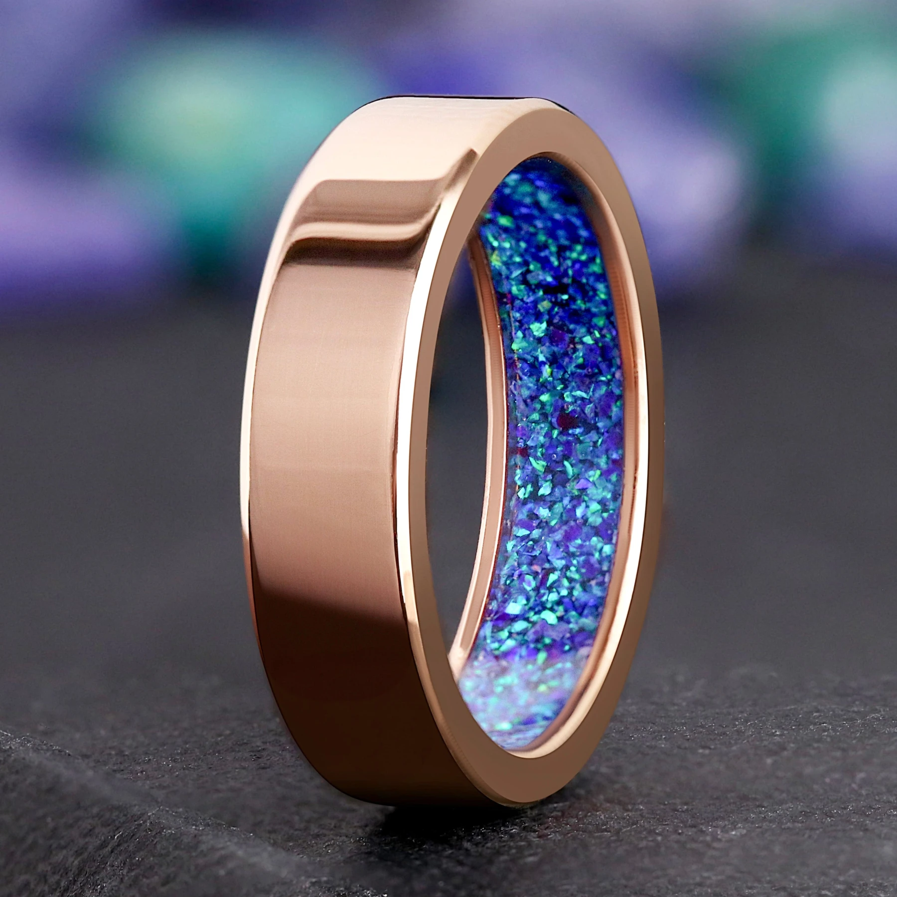 Borealis Blue Fire Opal Inlay Ring | Titanium Mens Wedding Band 6mm