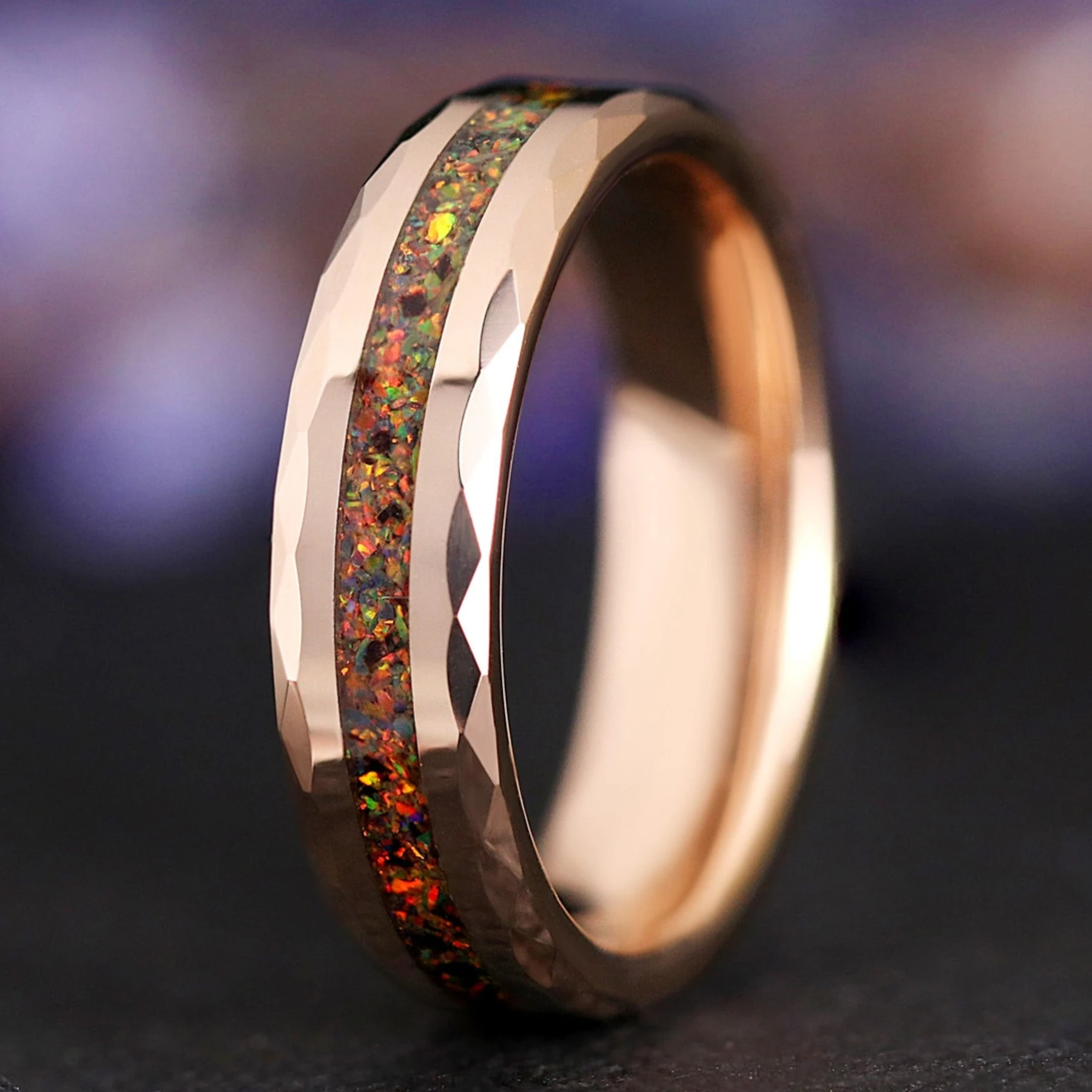 Red Fire Opal Inlay Ring | Rose Gold Mens Wedding Band 6mm