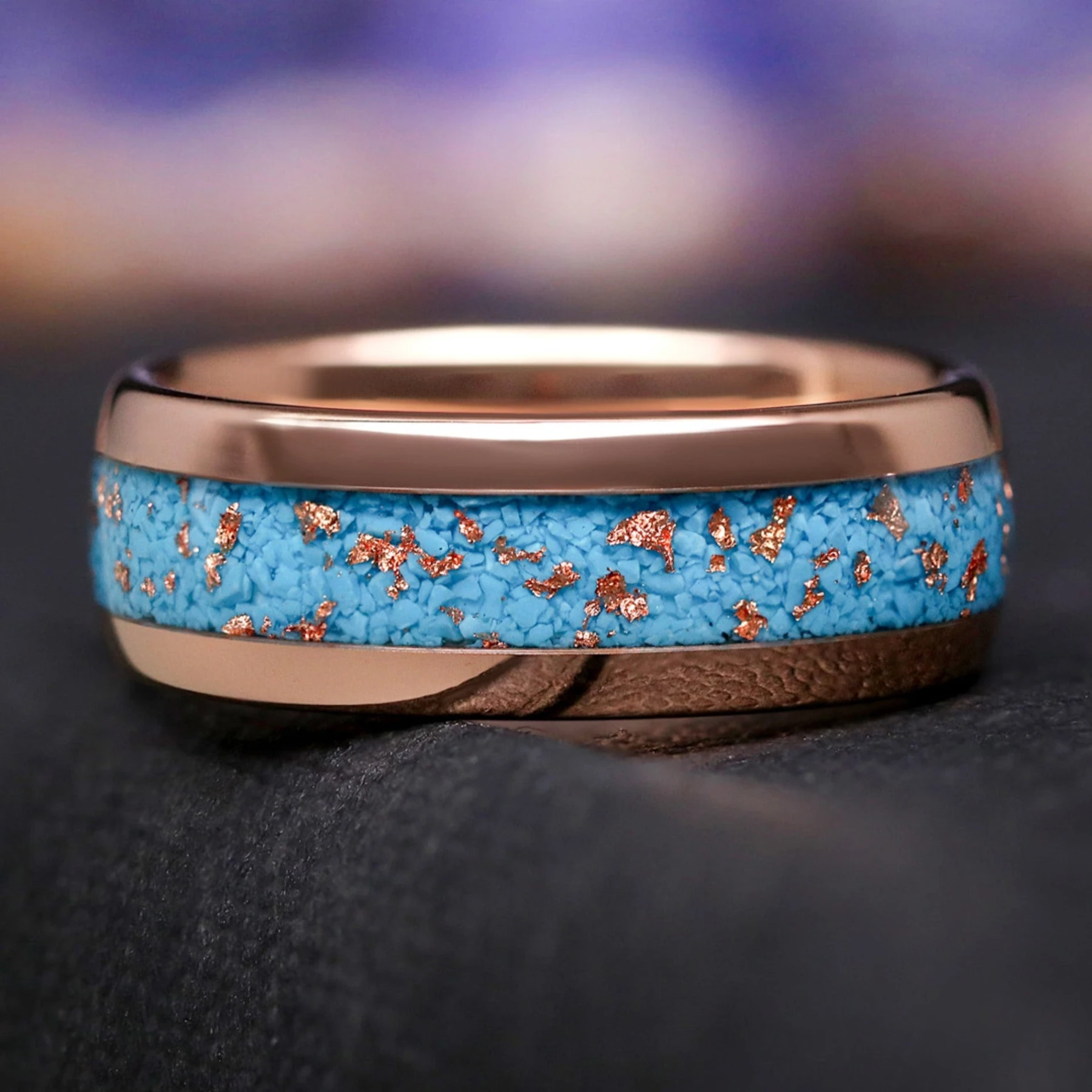 Western Mens Rose Gold Wedding Band, Turquoise & Rose Gold Foil Inlay