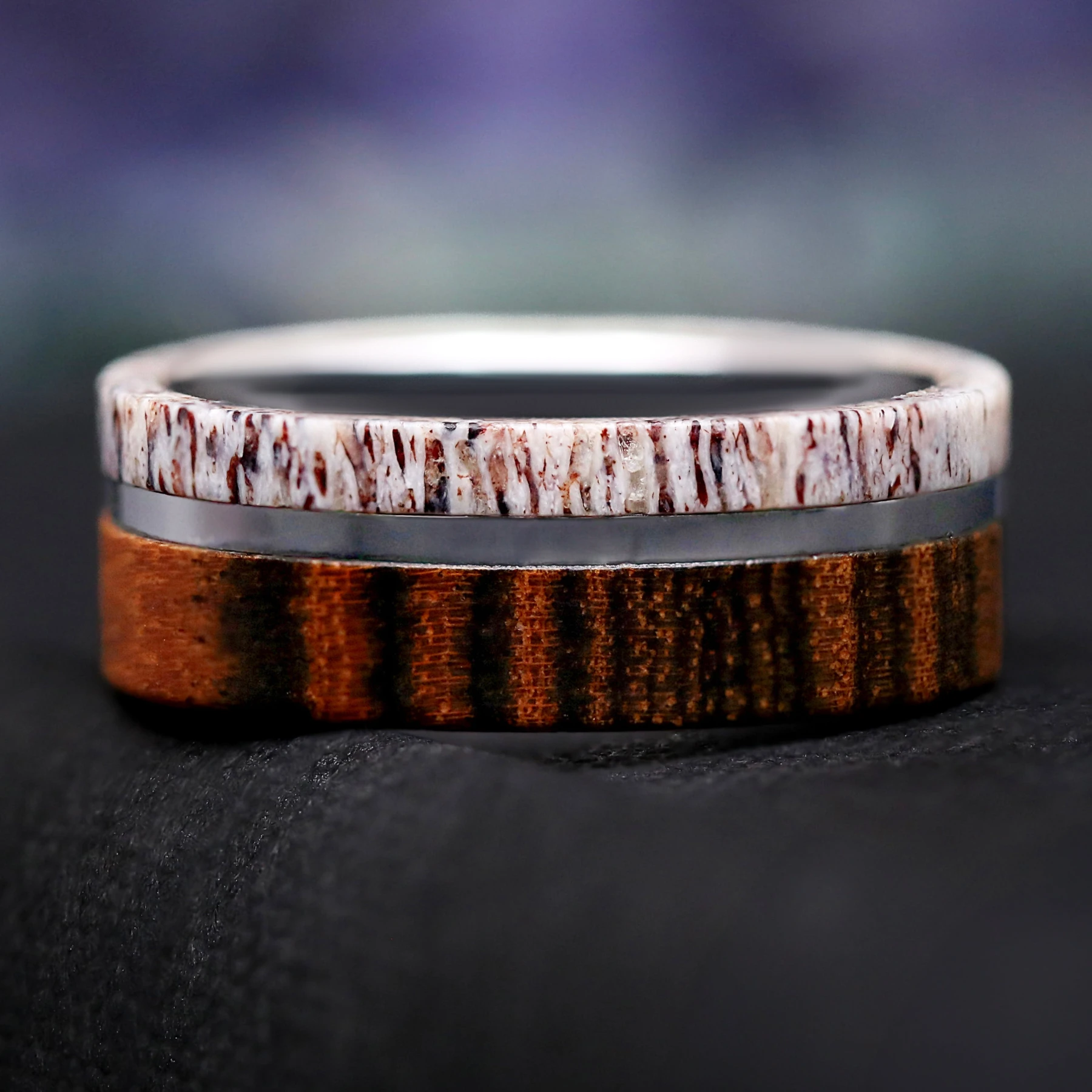 Mens Wood and Antler Wedding Band, Silver Tungsten Ring