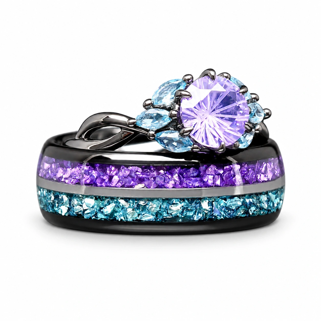 Northern Lights Couples Ring Set, Black Wedding Ring Set, Amethyst Aquamarine