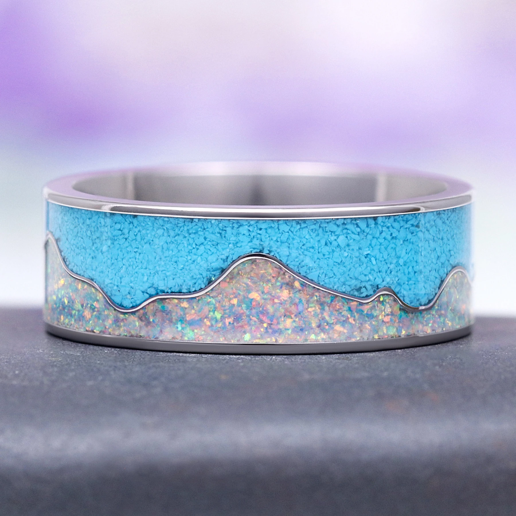 Turquoise & Fire Opal Mountain Men's Wedding Band in Titanium (8mm)