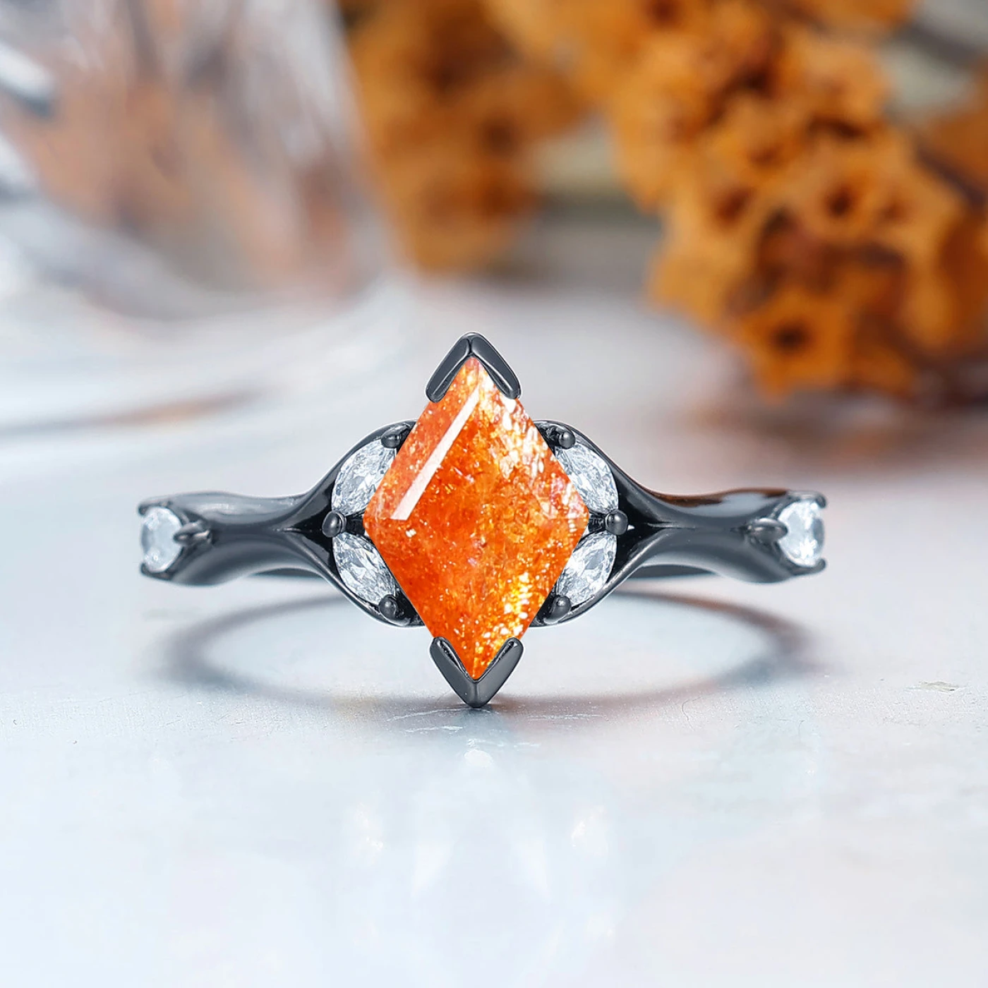 Stylish Rhombus Natural Sunstone Curved Rings For Women Ring