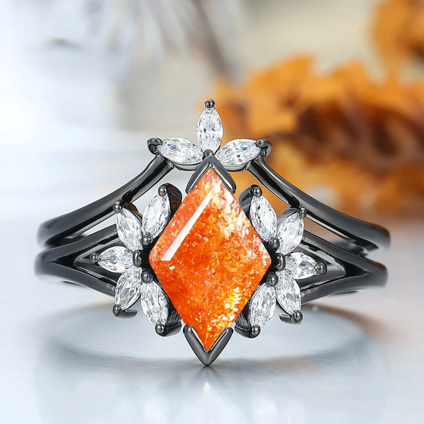 Luxurious Cluster Rhombus Rose Cut 2CT Natural Sunstone Wedding Ring Art Deco