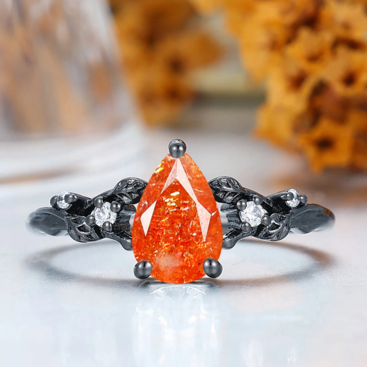 Nature-inspired Pear Cut 1.50CT Natural Sunstone Cluster Engagement Ring