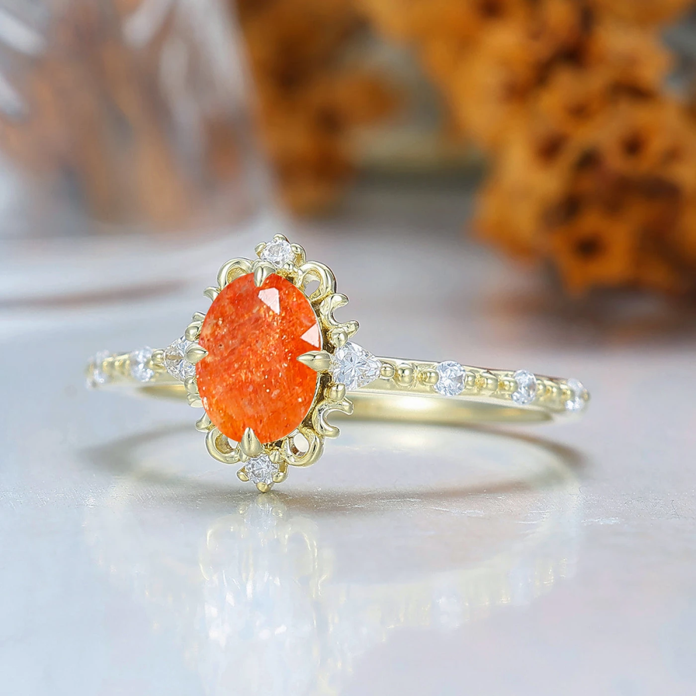 Scrollwork Orange Sunstone Engagement Ring Yellow Gold Bridal Ring Vintage Sunstone Wowen Ring - view 2