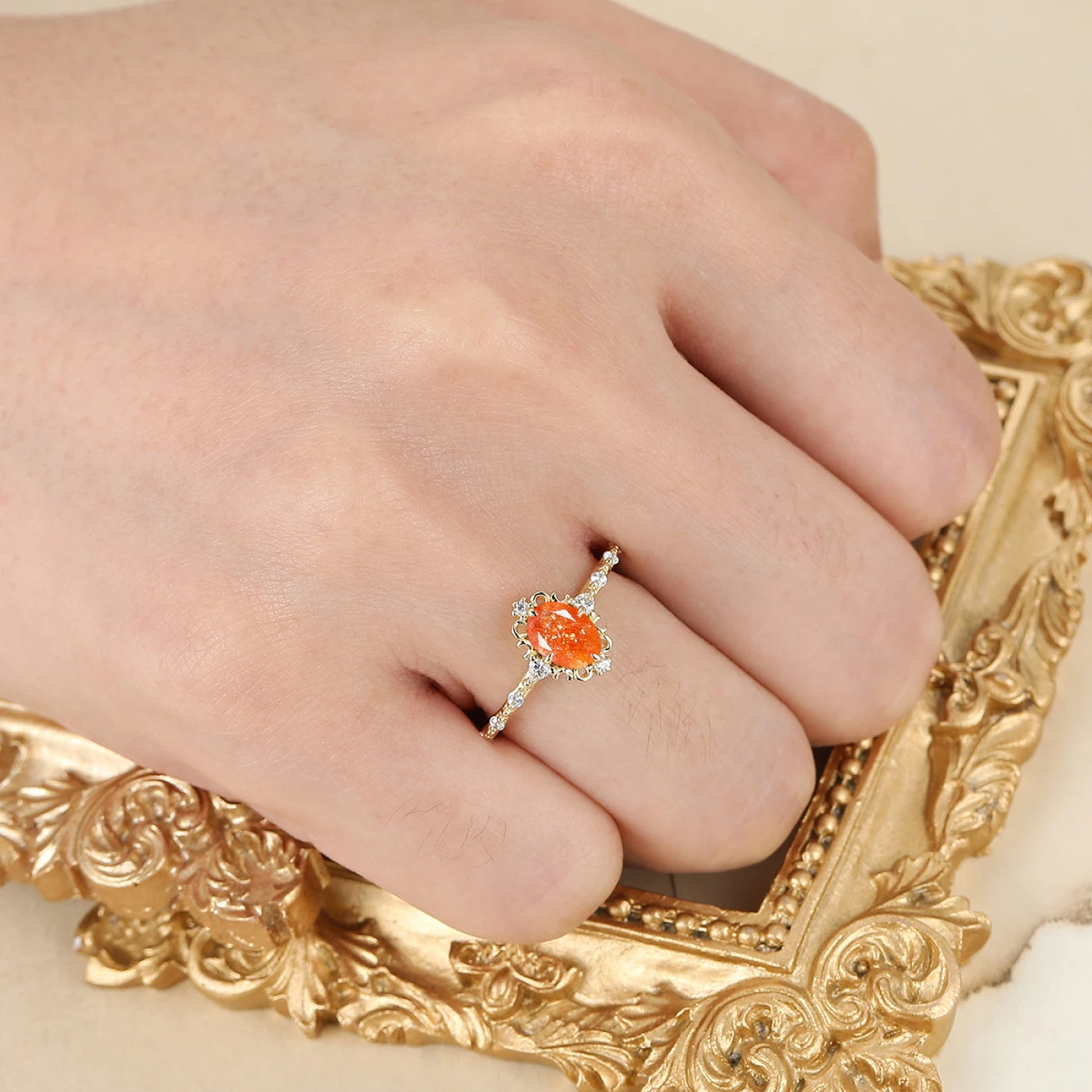 Scrollwork Orange Sunstone Engagement Ring Yellow Gold Bridal Ring Vintage Sunstone Wowen Ring - view 5