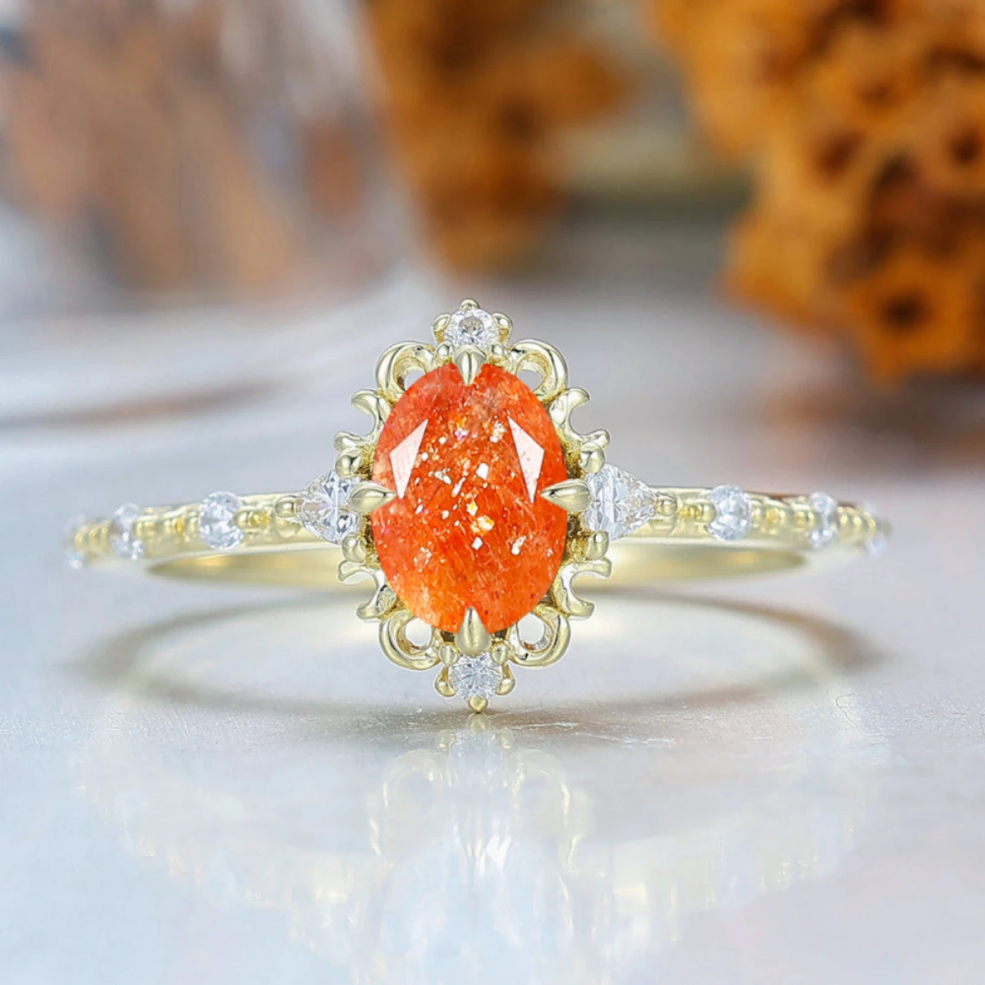 Scrollwork Orange Sunstone Engagement Ring Yellow Gold Bridal