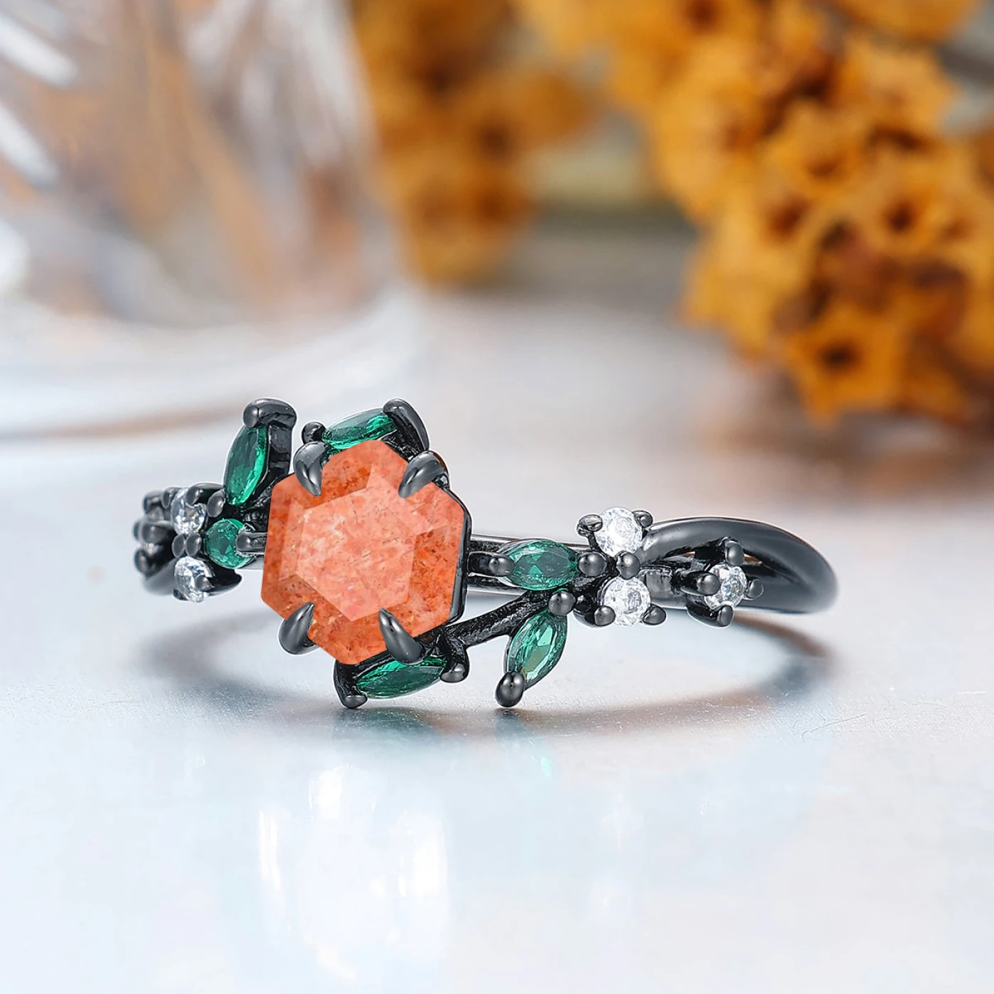 Branch Leaf Natural Sunstone Engagement Ring Prong Setting Bridal Ring Handmade Solid Gold Women Ring - view 2