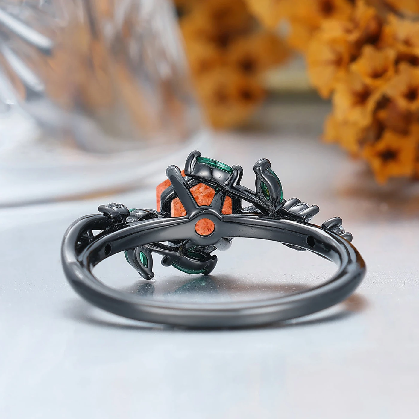 Branch Leaf Natural Sunstone Engagement Ring Prong Setting Bridal Ring Handmade Solid Gold Women Ring - view 4