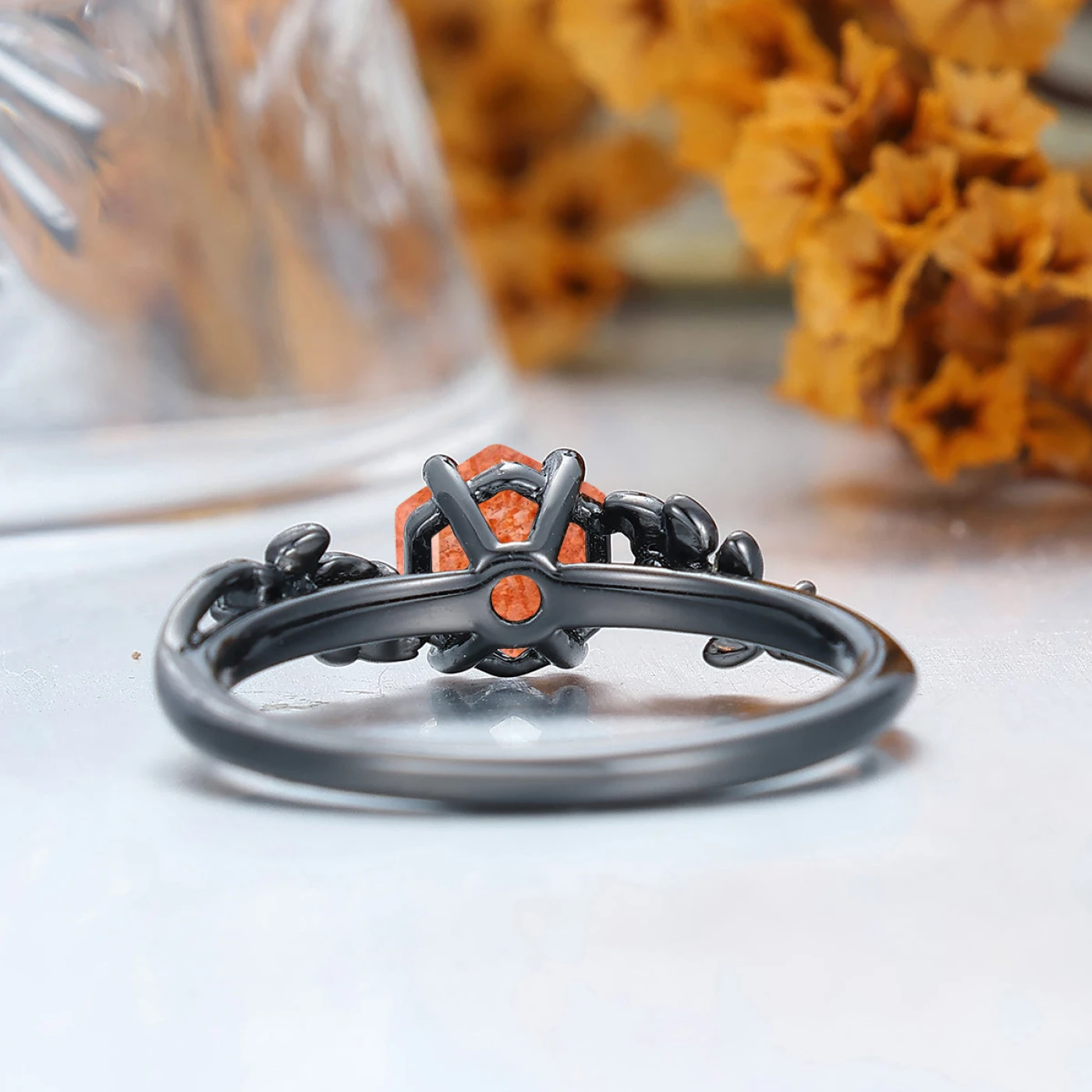 Vine Leaf Style Orange Sunstone Engagement Ring Artsy Prong Gold Women Ring Bridal Ring For Her - view 4