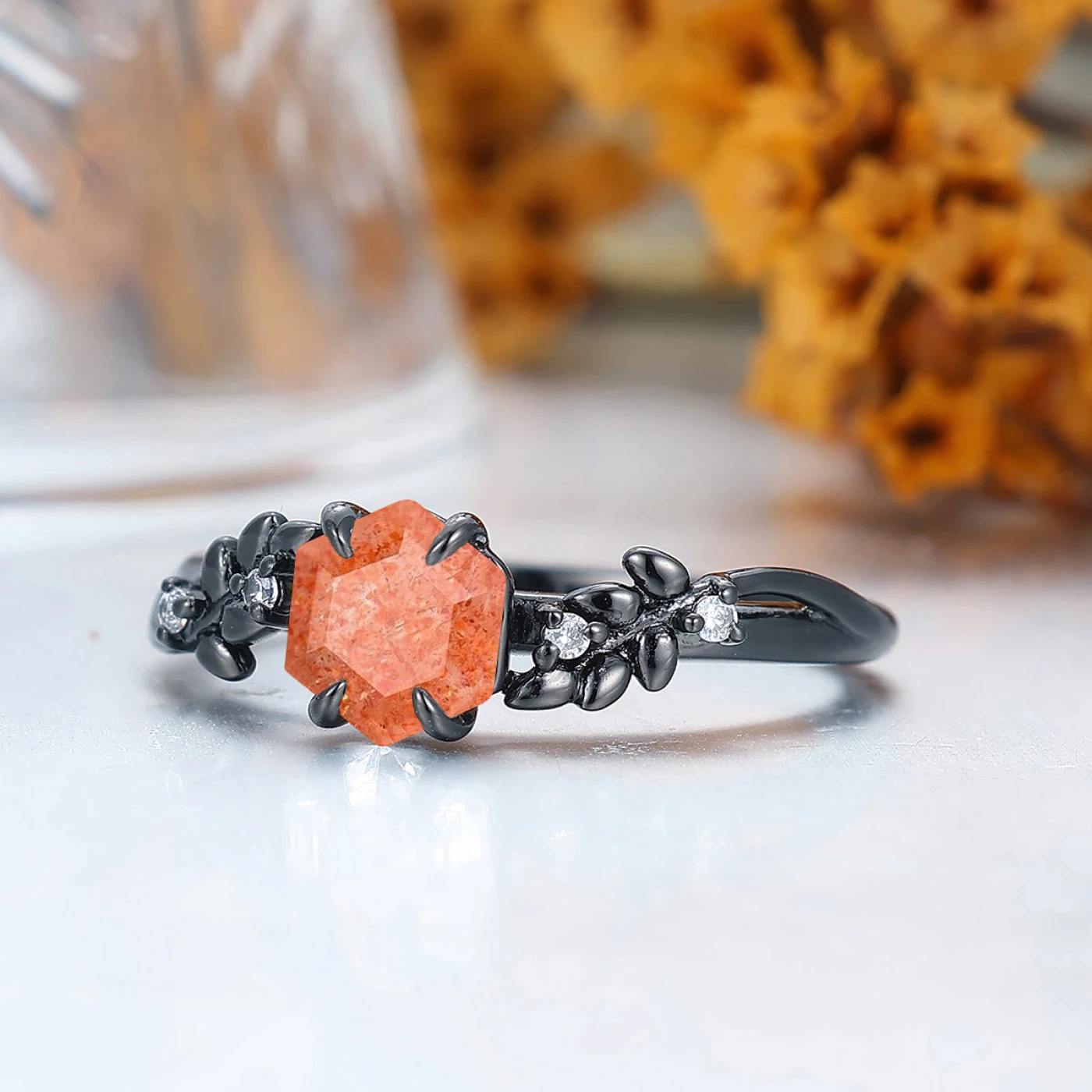 Vine Leaf Style Orange Sunstone Engagement Ring Artsy Prong Gold Women Ring Bridal Ring For Her - view 2