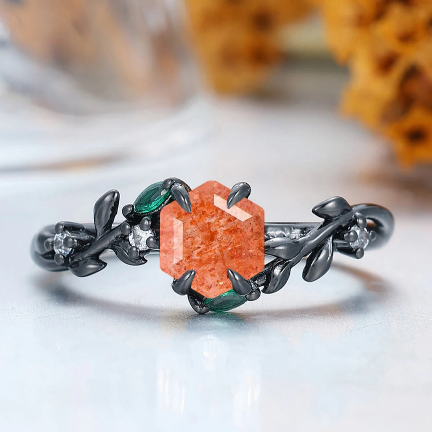 Dainty Leaf Inspired Natural Bridal Ring Hexagon Cut Orange Engagement Ring