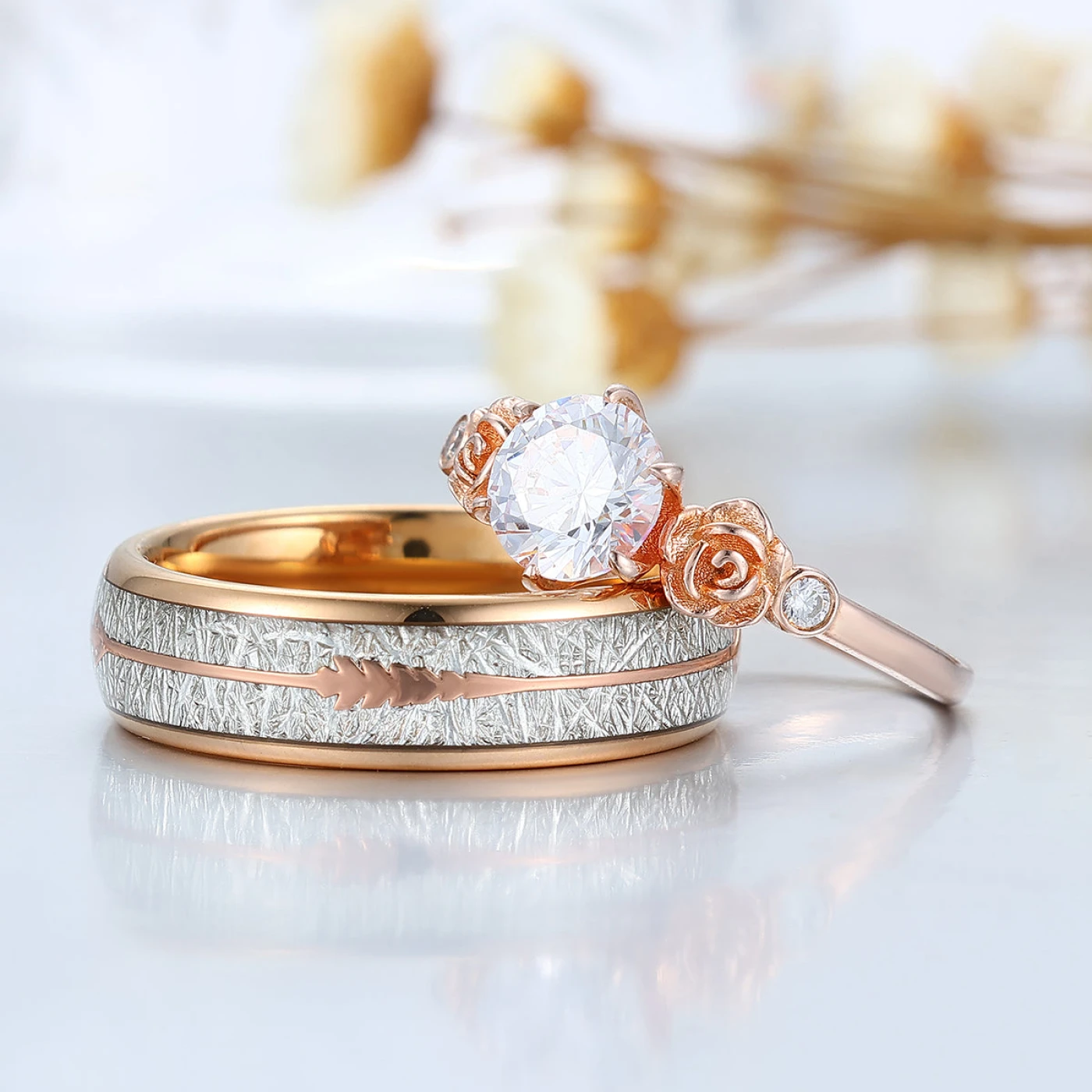 Stylish Round Moissanite Floral Engraved Couple Rings Rose Gold