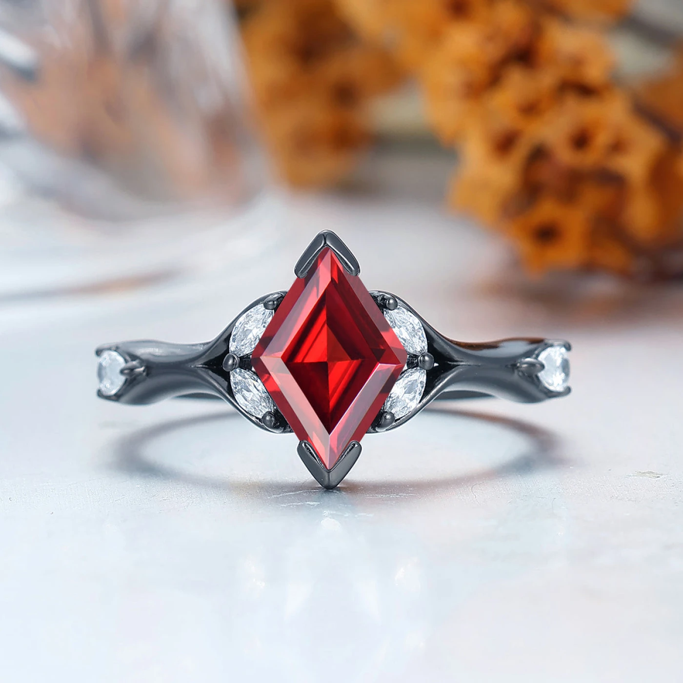 Art Deco Nature Red Garnet Sprig Engagement Ring Set in 925