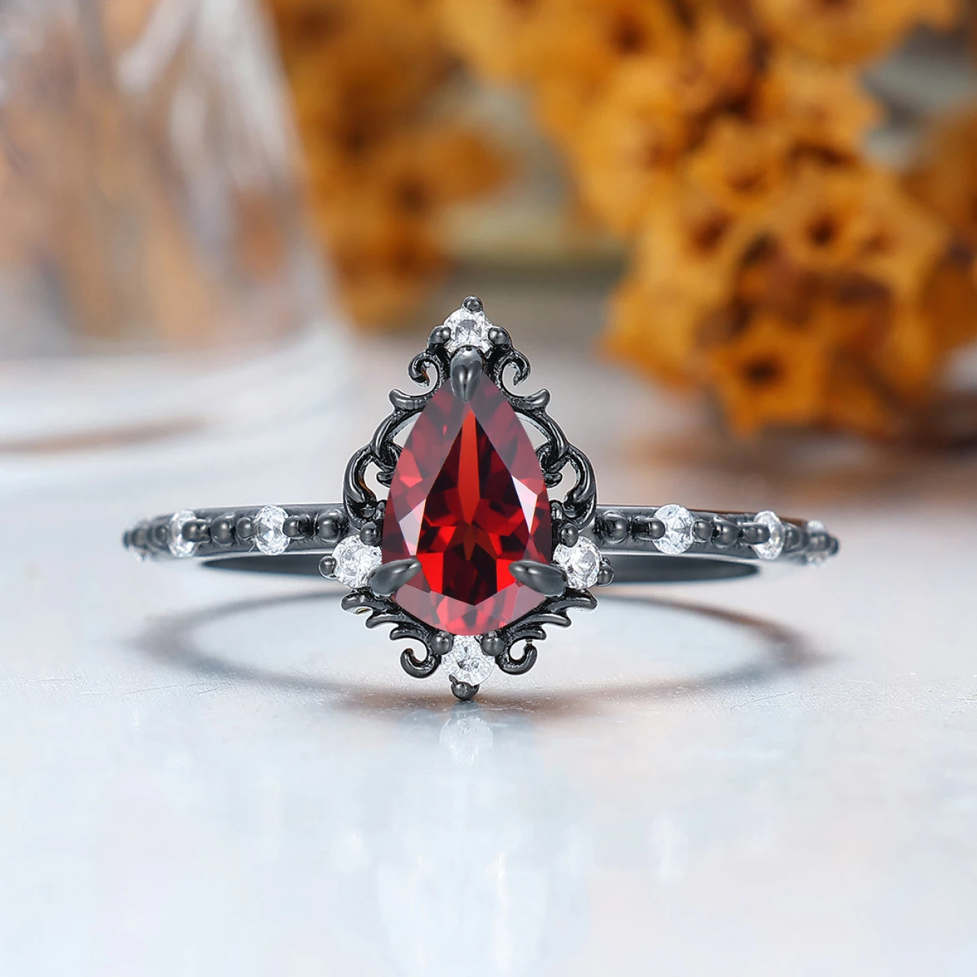 Unique 1.0 CT Pear Cut Red Art Deco Leaf Gold & 925 Sliver Engagement Ring