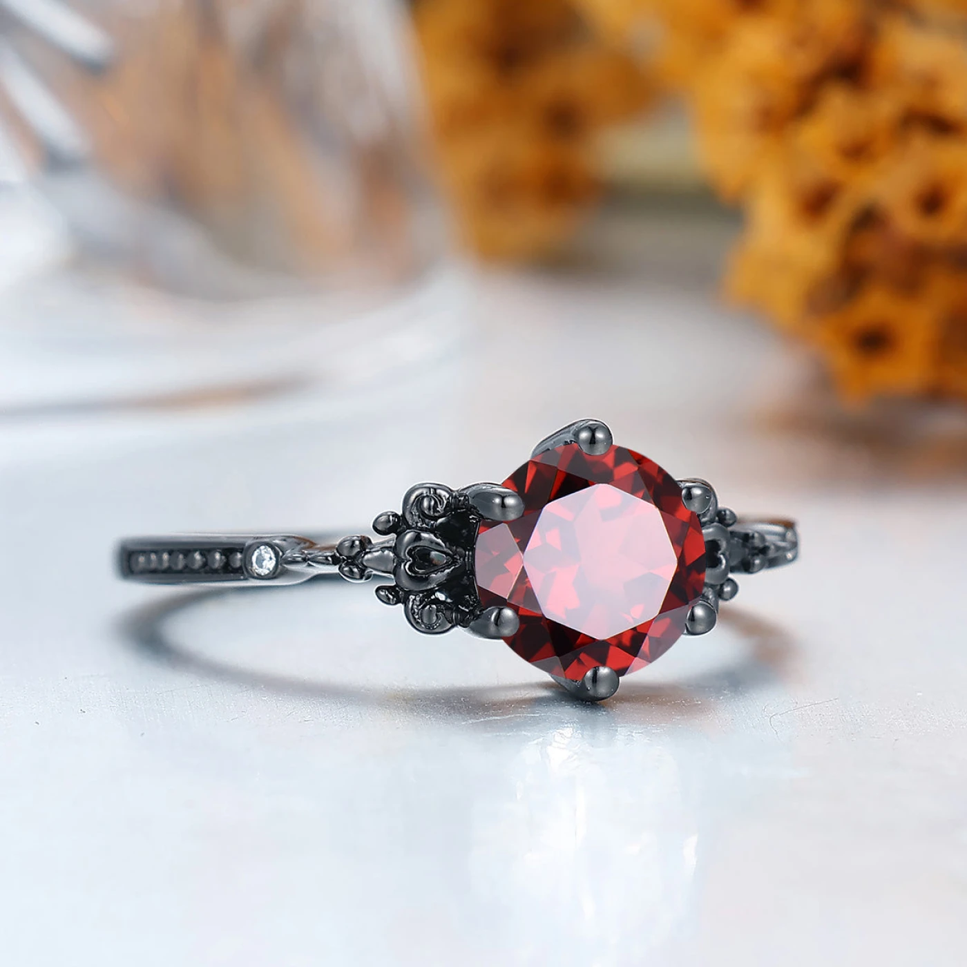 Retro Round Cut S925 Nature Red Garnet Leaves Engagement Ring Women Fine Ring Bridal Ring - view 2