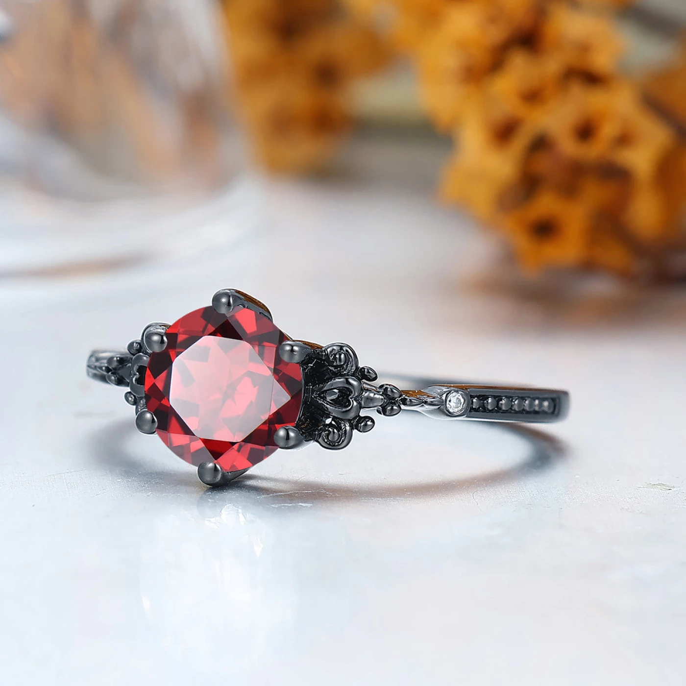 Retro Round Cut S925 Nature Red Garnet Leaves Engagement Ring Women Fine Ring Bridal Ring - view 3