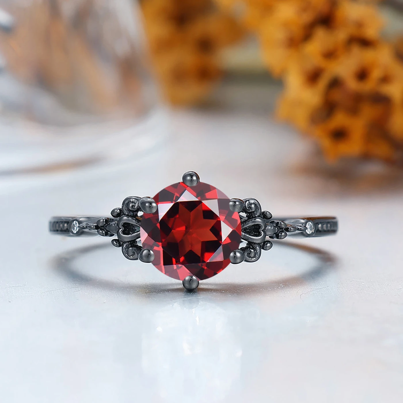 Retro Round Cut S925 Nature Red Garnet Leaves Engagement Ring