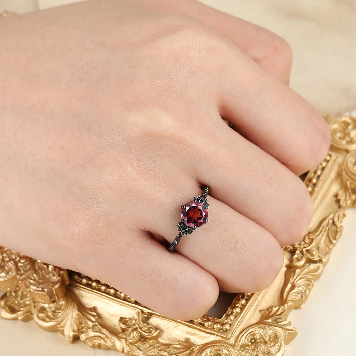 Retro Round Cut S925 Nature Red Garnet Leaves Engagement Ring Women Fine Ring Bridal Ring - view 5
