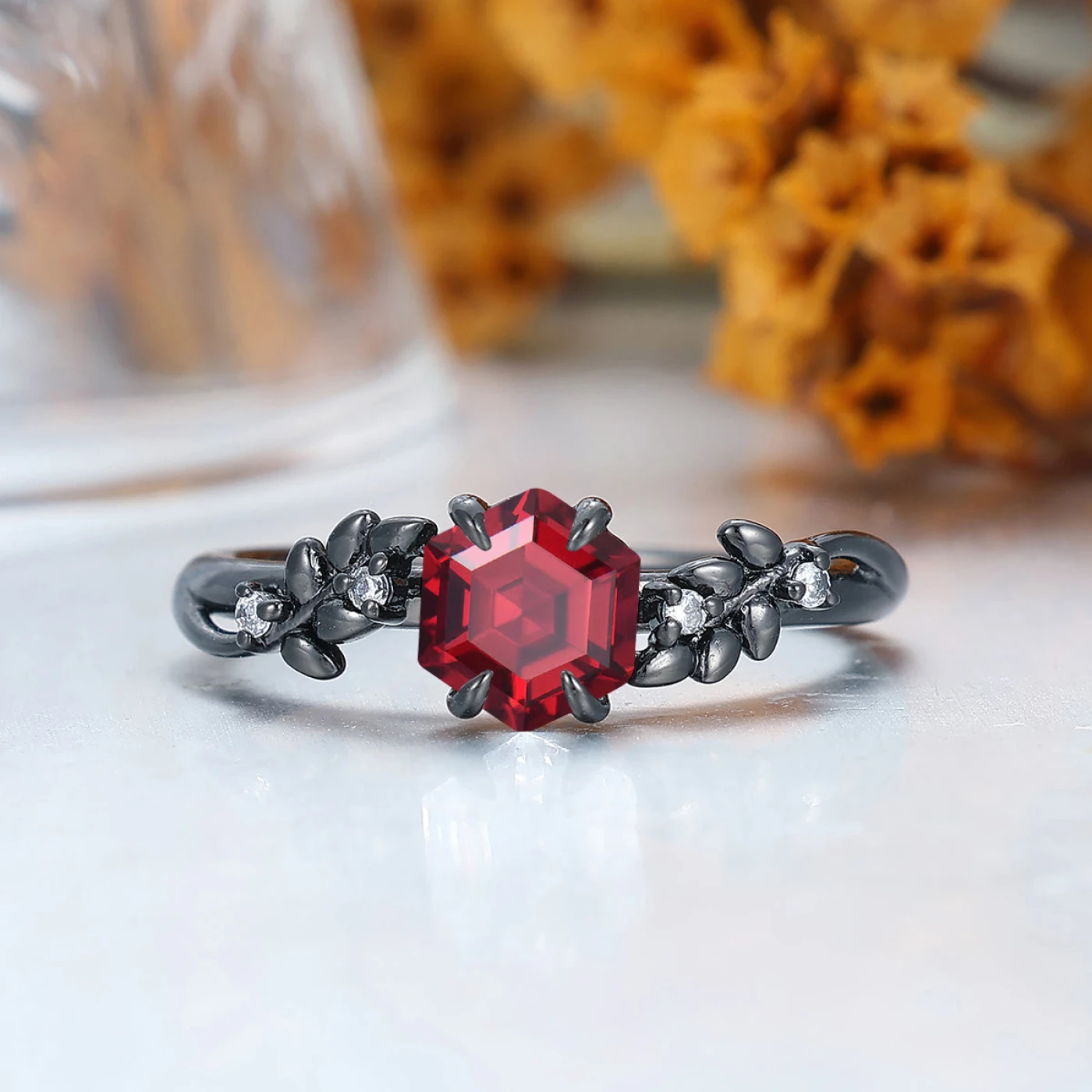 Elegant Hexagon 14k Red Leaf Ring with Dazzling White Side Stones - Available