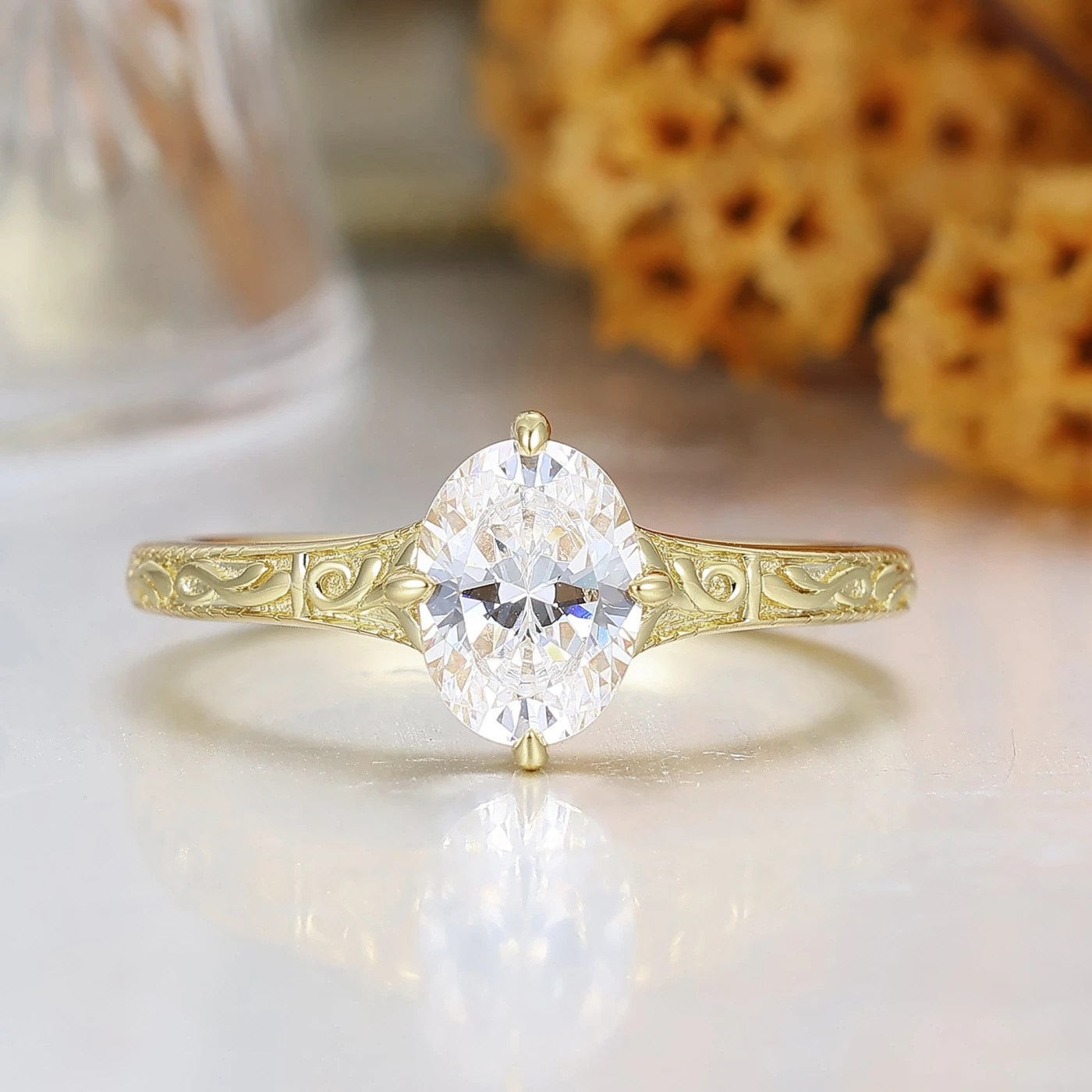 Vintage Inspired Oval Vine Engagement Ring 18K Filigree Engraved Bridal Ring