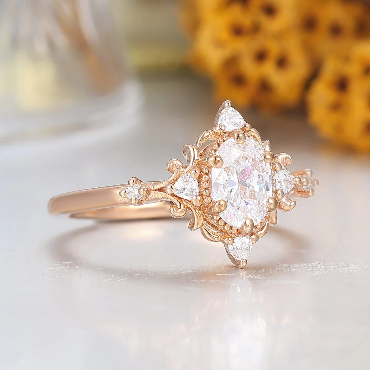 Vintage Floral Moissanite Engagement Ring Rose Gold Oval Cut Cluster Moissanite Wedding Ring - view 2