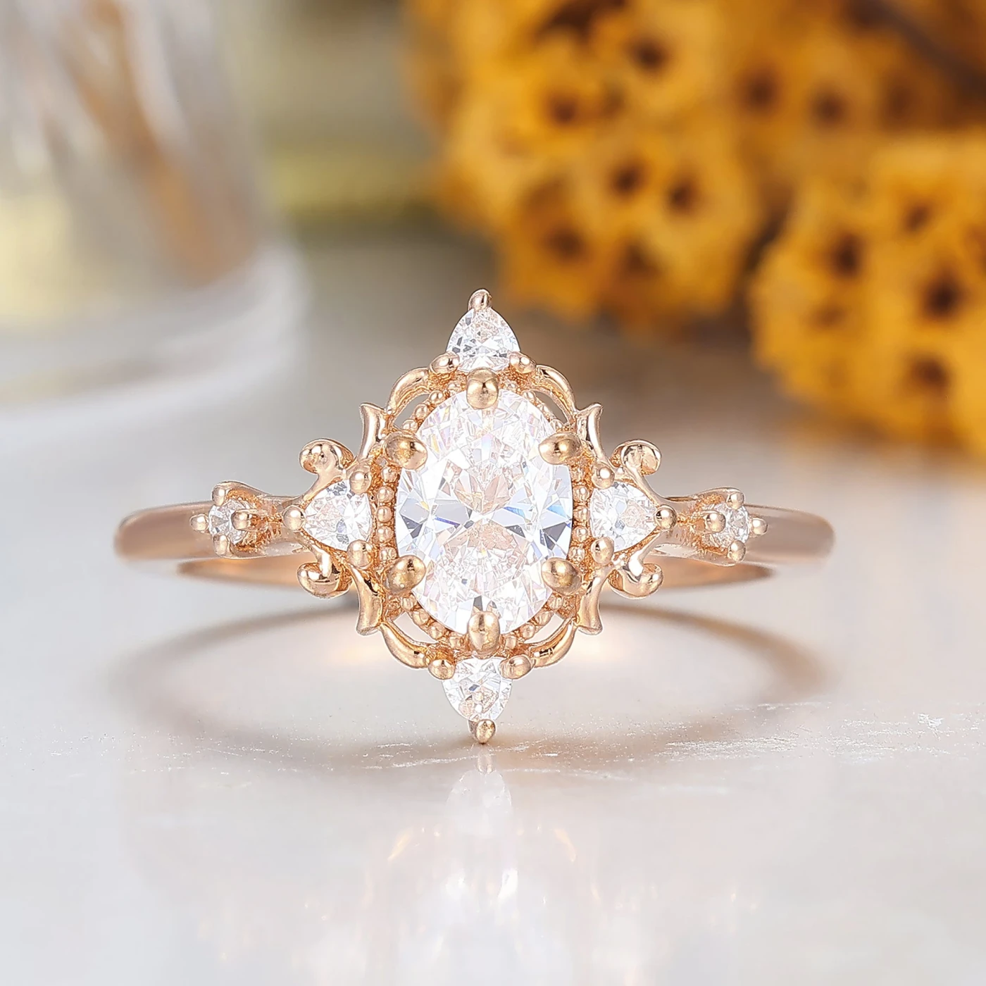 Vintage Floral Engagement Ring Rose Gold Oval Cut Cluster Wedding Ring