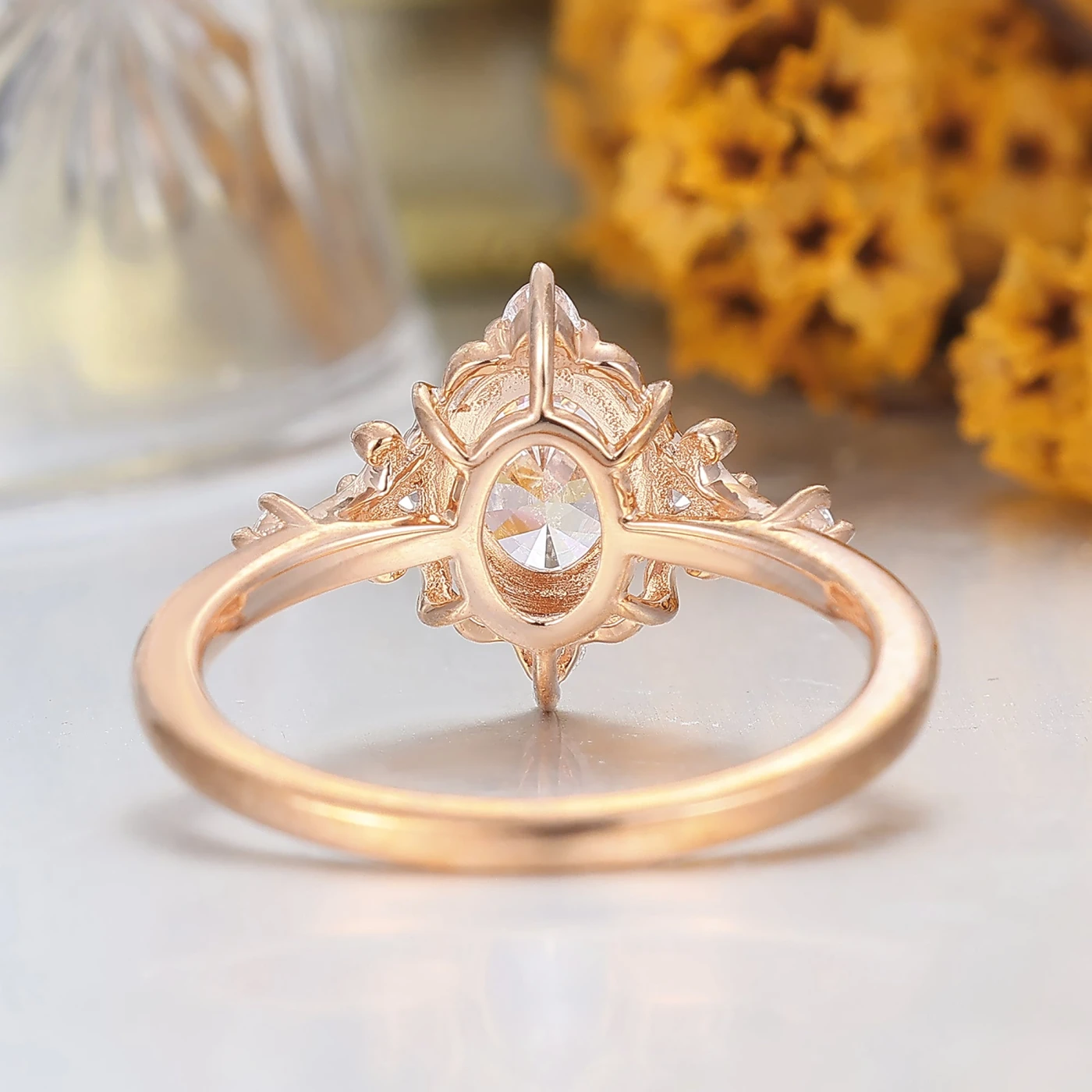 Vintage Floral Moissanite Engagement Ring Rose Gold Oval Cut Cluster Moissanite Wedding Ring - view 4
