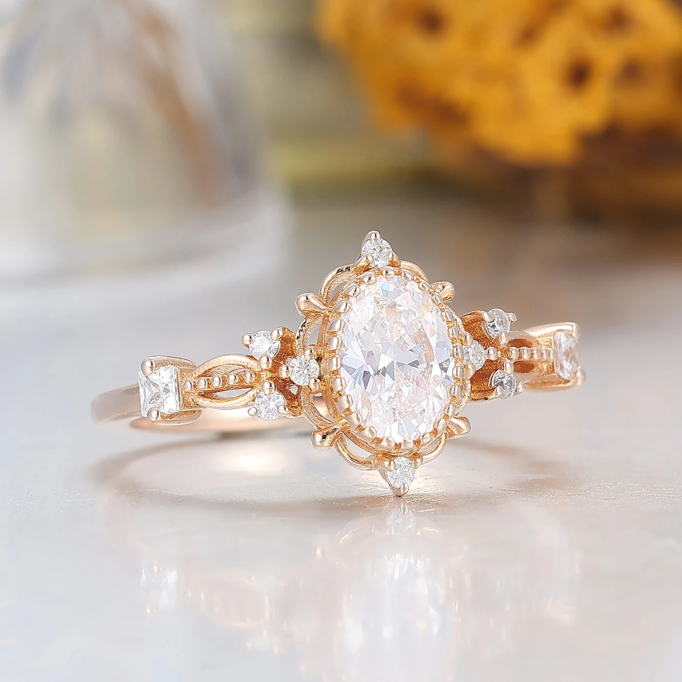 Baroque-inspired Oval Shaped Moissanite Floral Engagement Ring Milgrain Rose Gold Bridal Ring - view 5