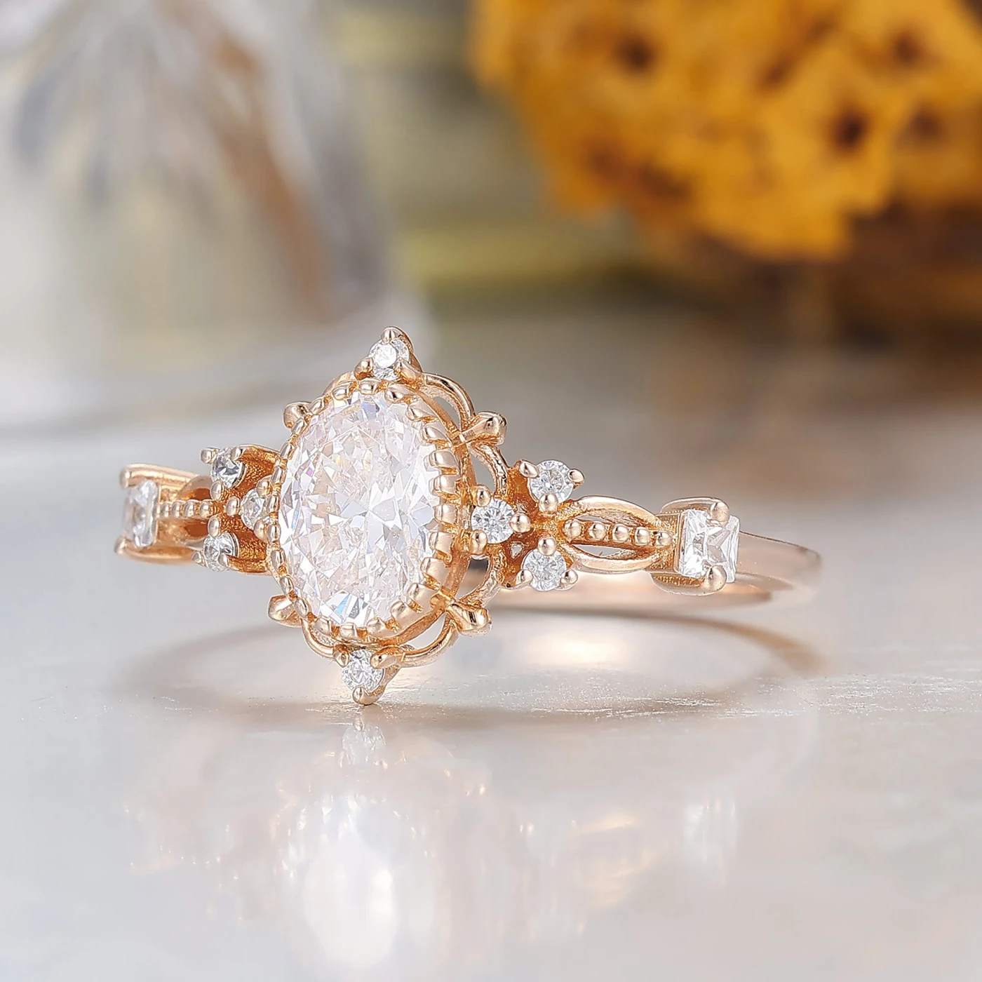 Baroque-inspired Oval Shaped Moissanite Floral Engagement Ring Milgrain Rose Gold Bridal Ring - view 6