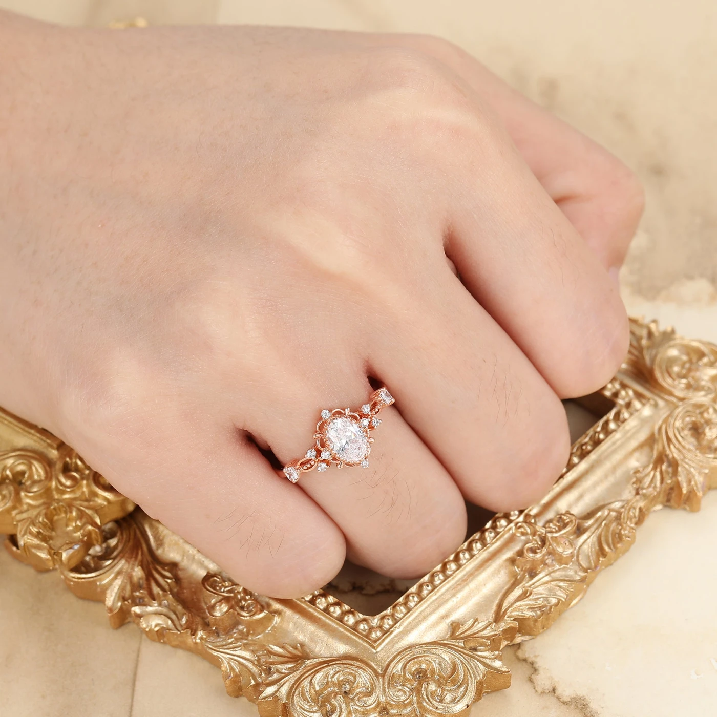 Baroque-inspired Oval Shaped Moissanite Floral Engagement Ring Milgrain Rose Gold Bridal Ring - view 3